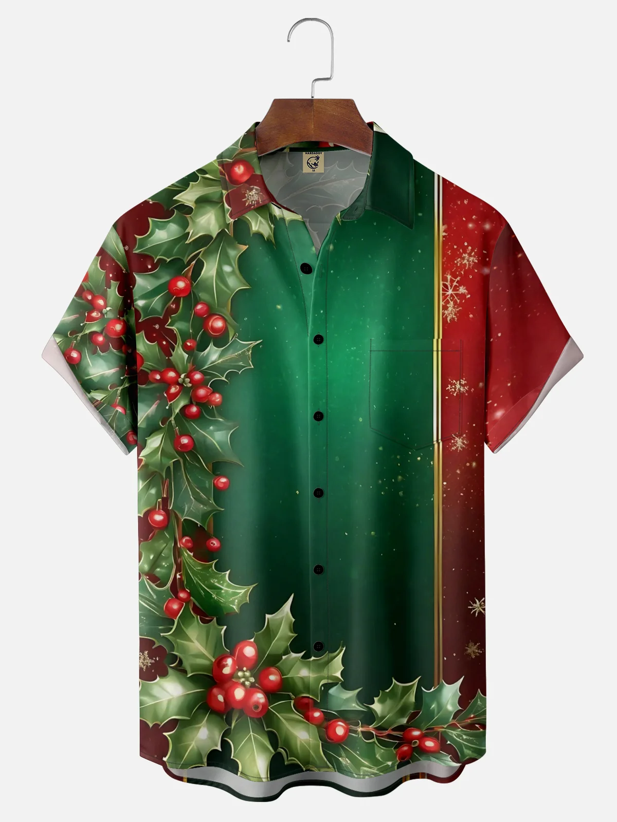 Moisture-wicking Christmas Art Christmas Tree With Red Berries Chest Pocket Bowling Shirt