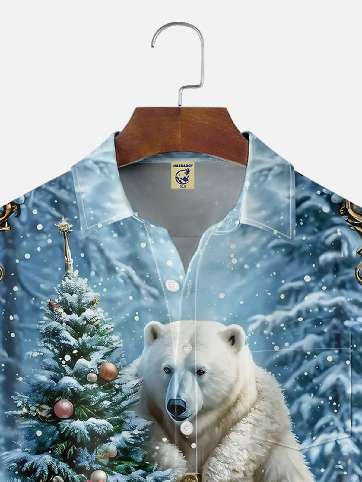 Big Size Moisture-wicking Christmas Polar Bear Christmas Tree Funny Chest Pocket Casual Shirt
