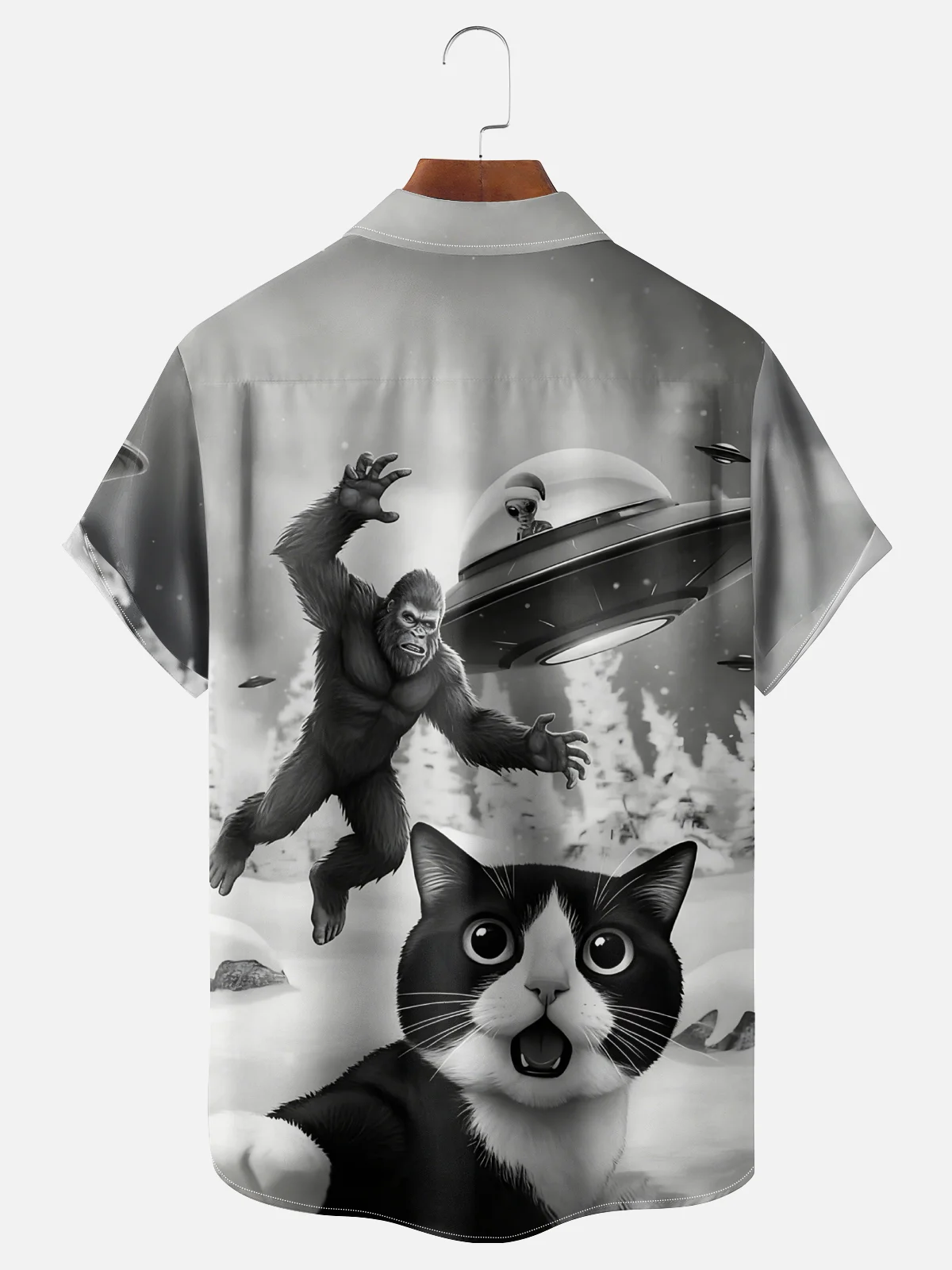 Moisture Wicking Fun Christmas Cat Selfie Bigfoot Alien Chest Pocket Hawaiian Shirt