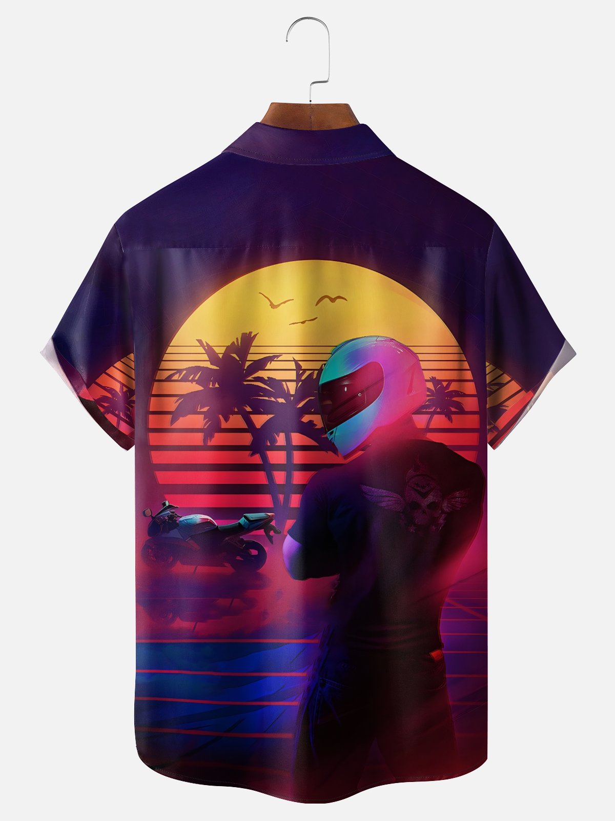 Moisture-wicking Motorcycle Rider Coconut Tree Gradient Chest Pocket Casual Shirt