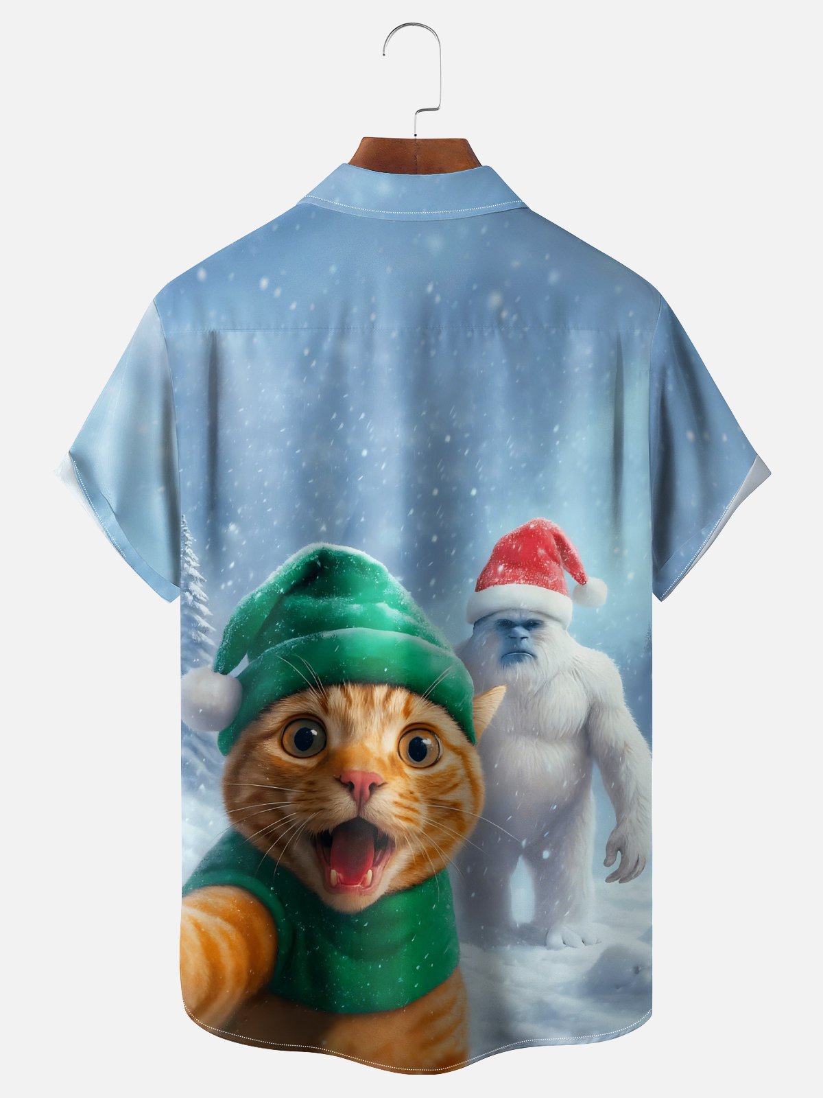 Moisture Wicking Fun Christmas Cat Selfie Bigfoot Chest Pocket Hawaiian Shirt
