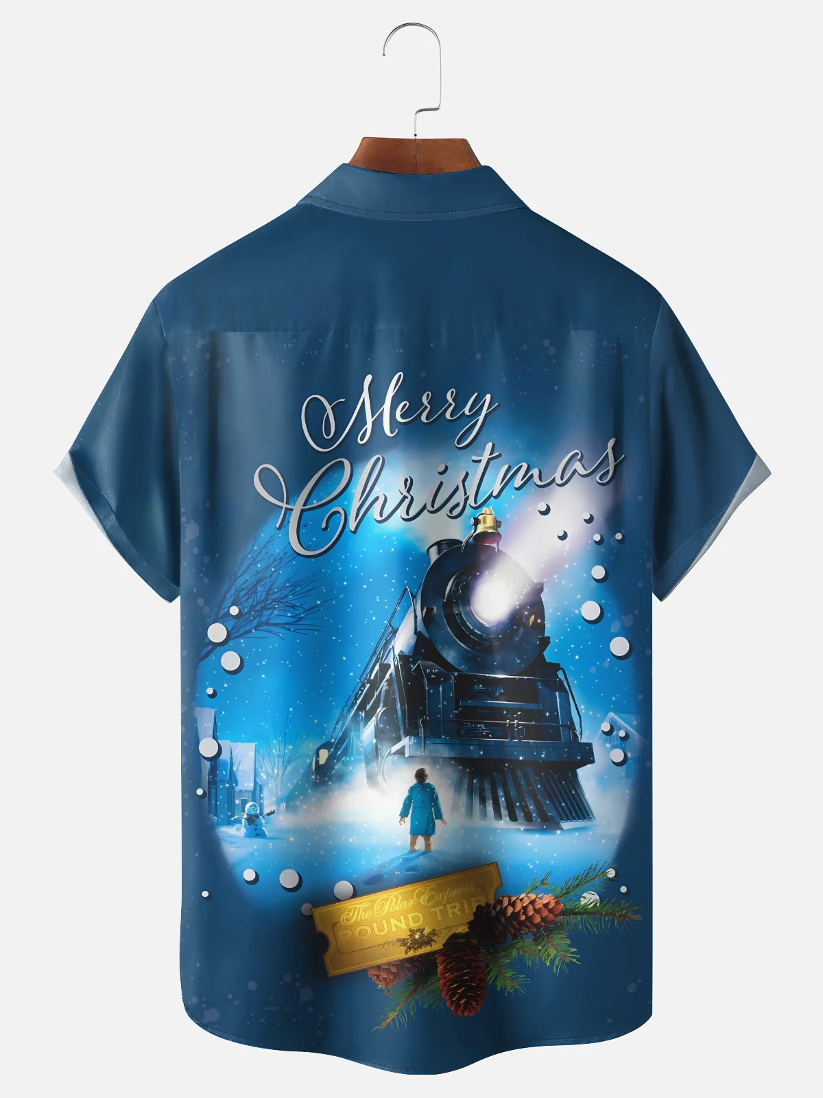 Moisture-wicking Christmas Train Ticket Pine Cone Chest Pocket Casual Shirt