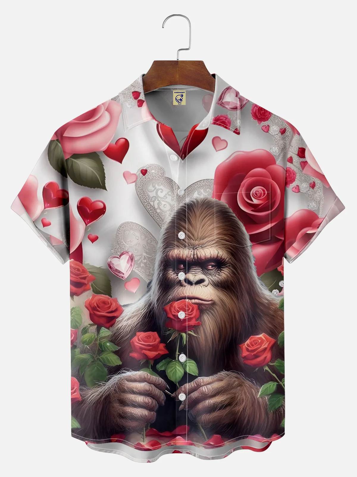 Big Size Moisture-wicking Valentine's Day Rose Bigfoot Chest Pocket Hawaiian Shirt