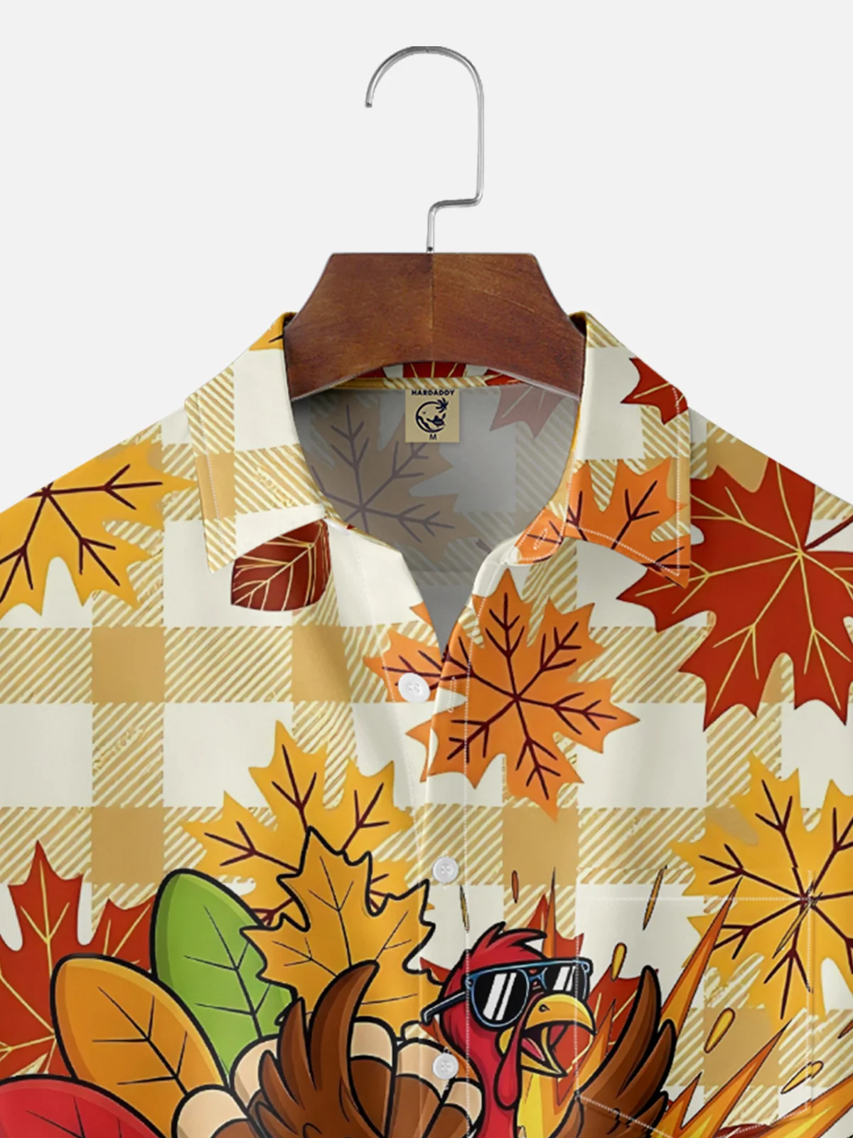 Moisture-Wicking Sweat-Wicking Fun Yacht Turkey Maple Leaf Checkered Chest Pocket Hawaiian Shirt