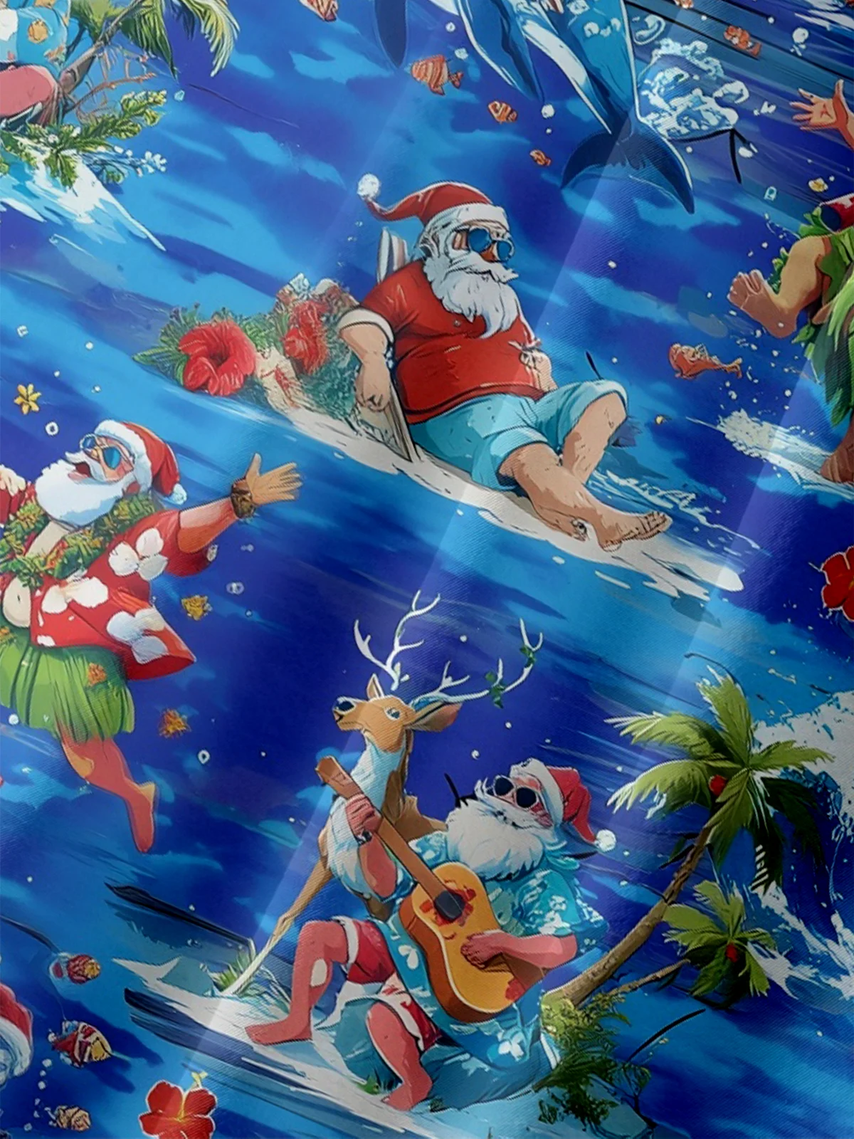 Tall Size Moisture-wicking Christmas Santa Claus Surfing Chest Pocket Casual Shirt