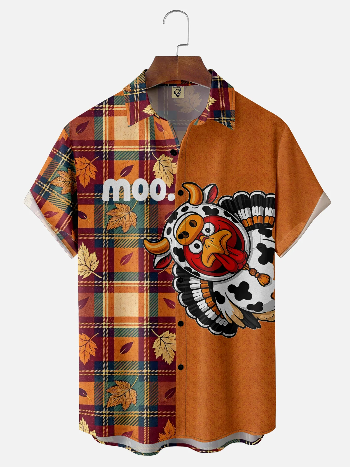 Moisture-Wicking Fun Design With Turkey Maple Leaf And Checkered Patterns Chest Pocket Hawaiian Shirt