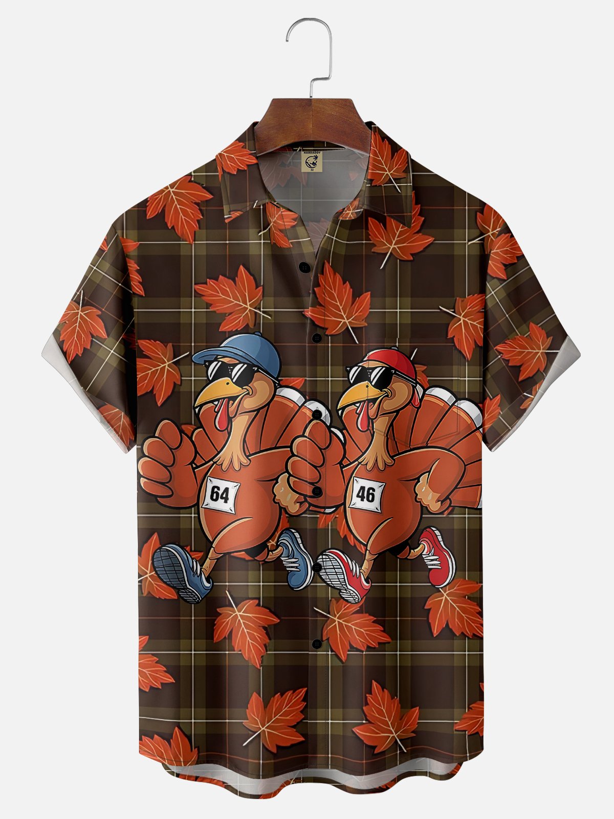 Moisture-Wicking Fun Design With Turkey Maple Leaf And Checkered Patterns Chest Pocket Hawaiian Shirt