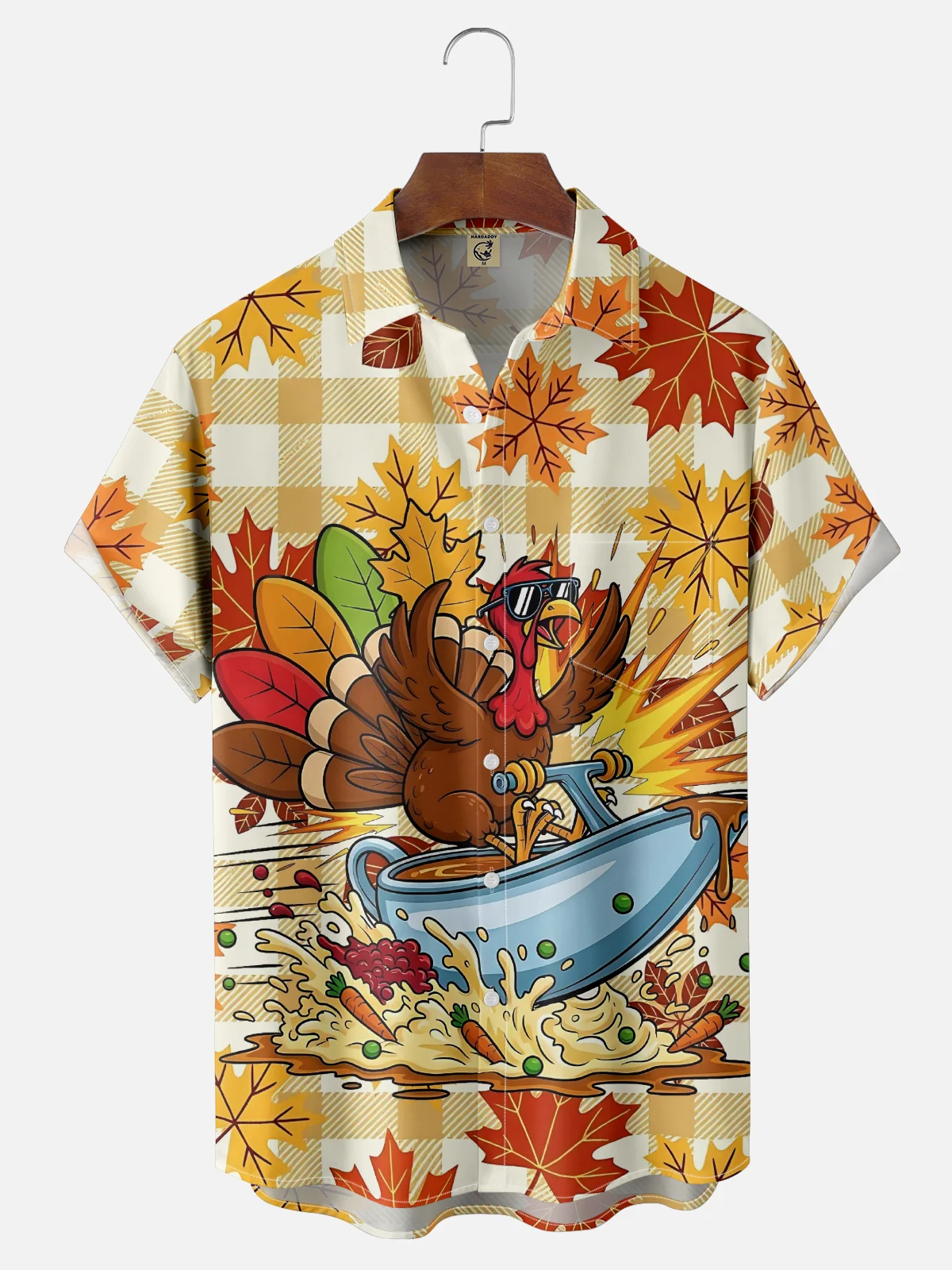 Moisture-Wicking Sweat-Wicking Fun Yacht Turkey Maple Leaf Checkered Chest Pocket Hawaiian Shirt