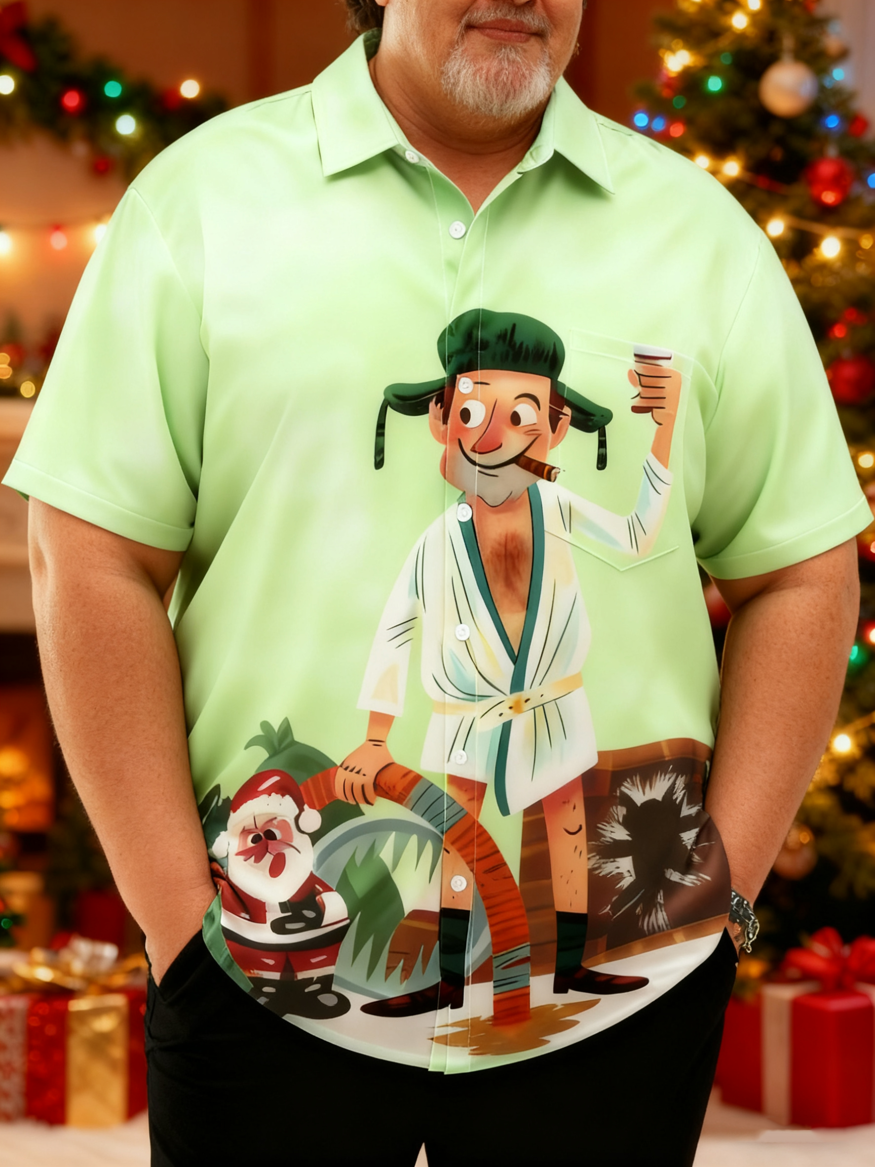Big Size Moisture Wicking Crazy Christmas Vacation Eddie Chest Pocket Hawaiian Shirt