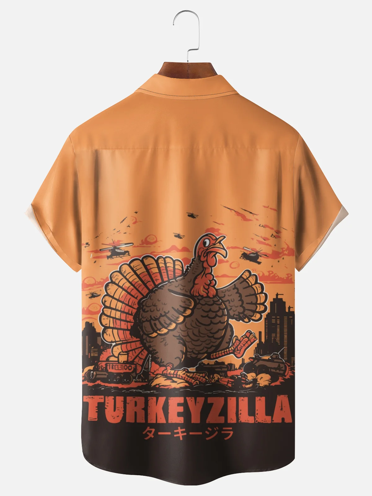 Moisture Wicking Thanksgiving Fun Monster Turkey Chest Pocket Hawaiian Shirt