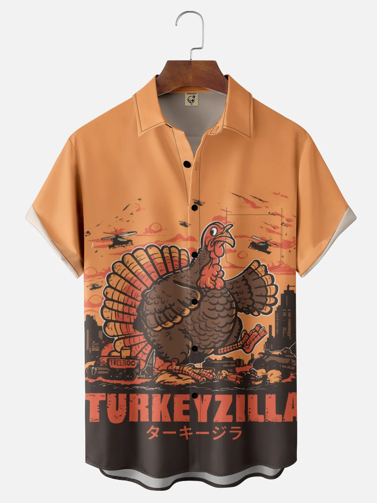 Moisture Wicking Thanksgiving Fun Monster Turkey Chest Pocket Hawaiian Shirt