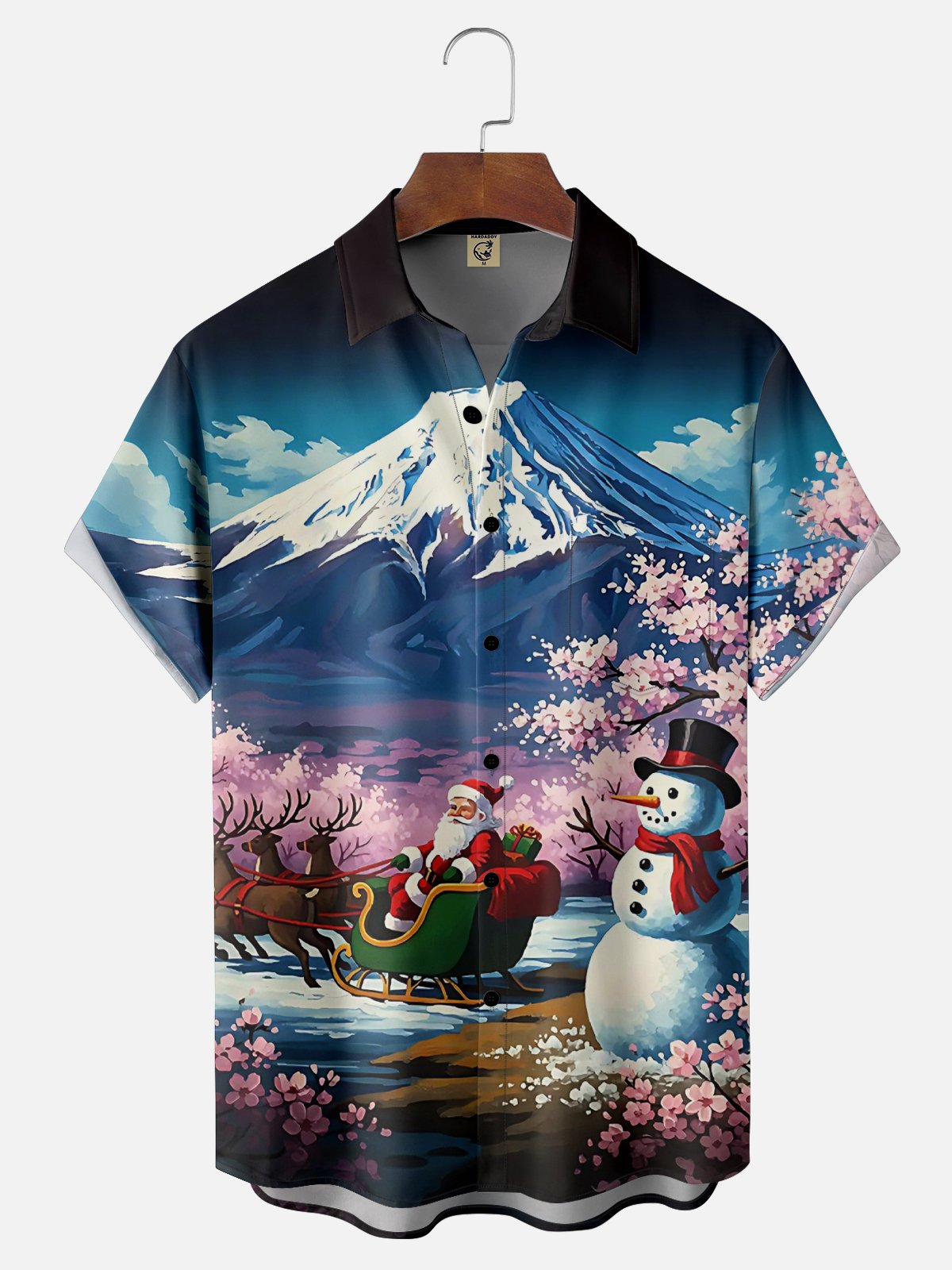 Moisture Wicking Cherry Blossoms at the Foot of Mount Fuji Merry Christmas Santa Claus Snowman Chest Pocket Hawaiian Shirt