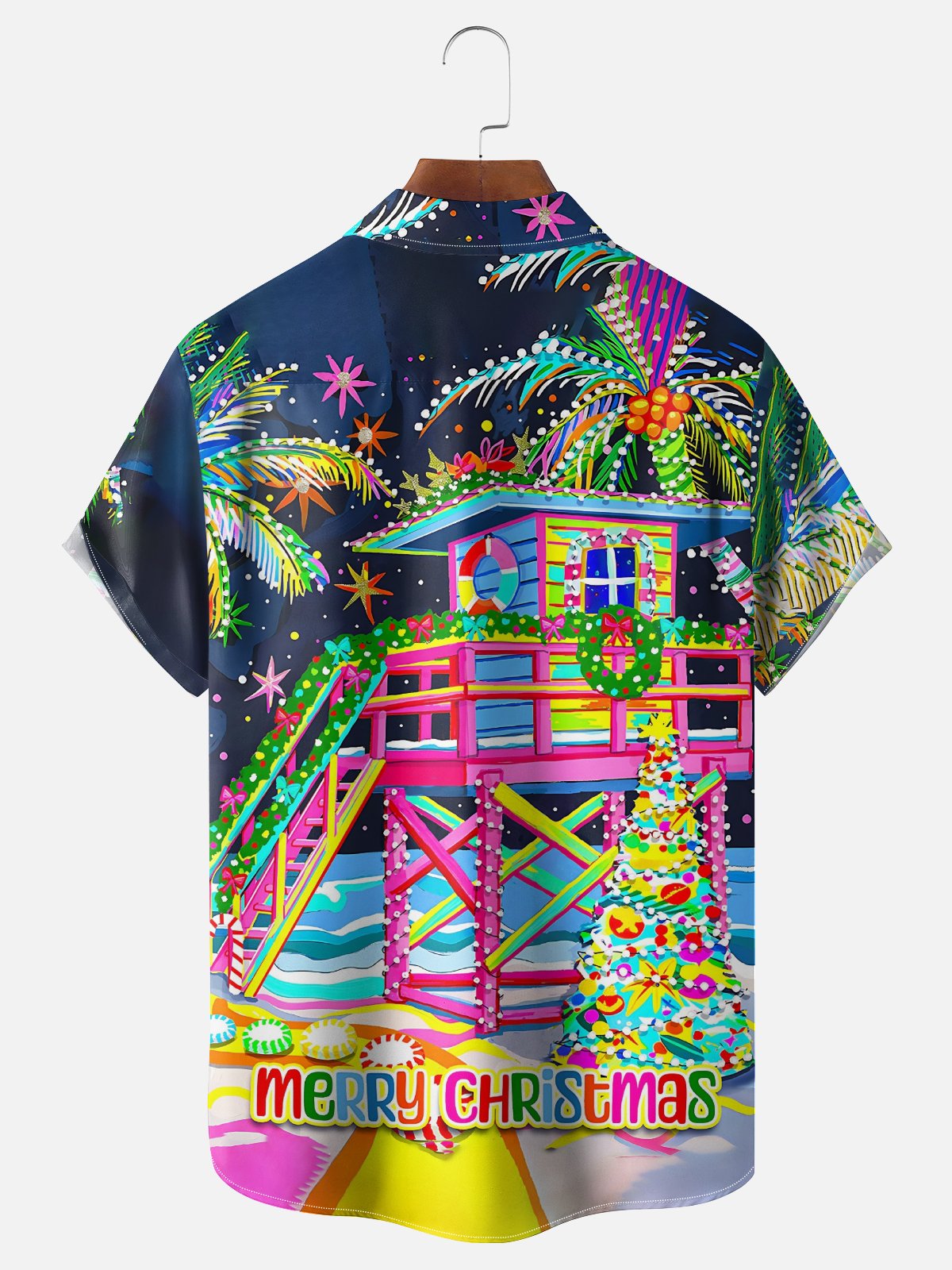Moisture Wicking Artistic Christmas Merry Christmas Coconut Tree Christmas Tree Chest Pocket Hawaiian Shirt