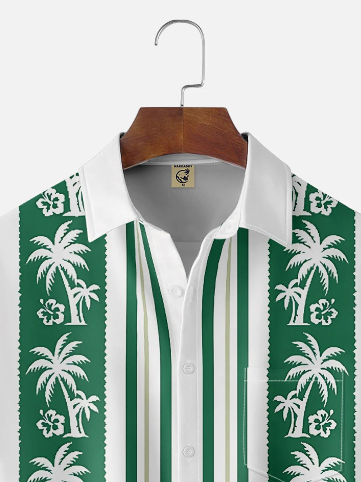 Moisture Wicking Striped Coconut Tree Chest Pocket Bowling Shirt