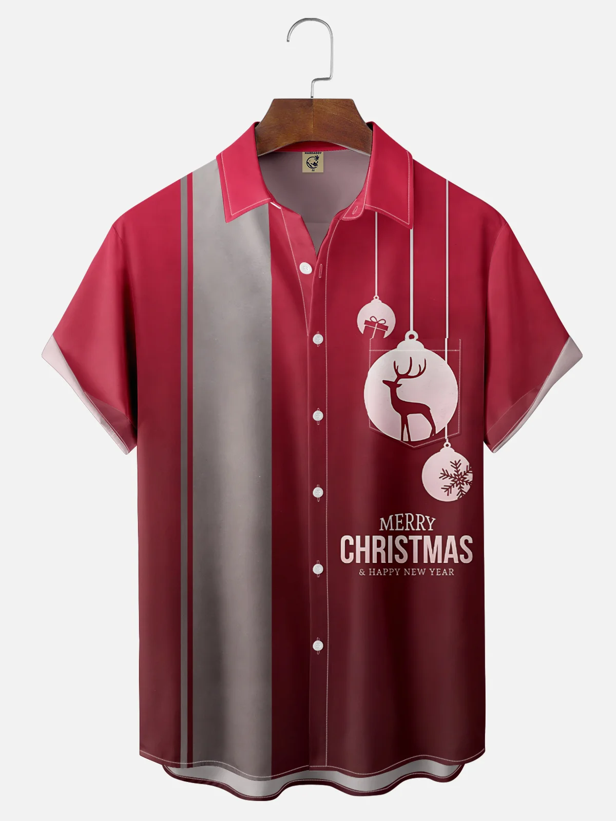 Moisture Wicking Christmas Striped Reindeer Chest Pocket Bowling Shirt