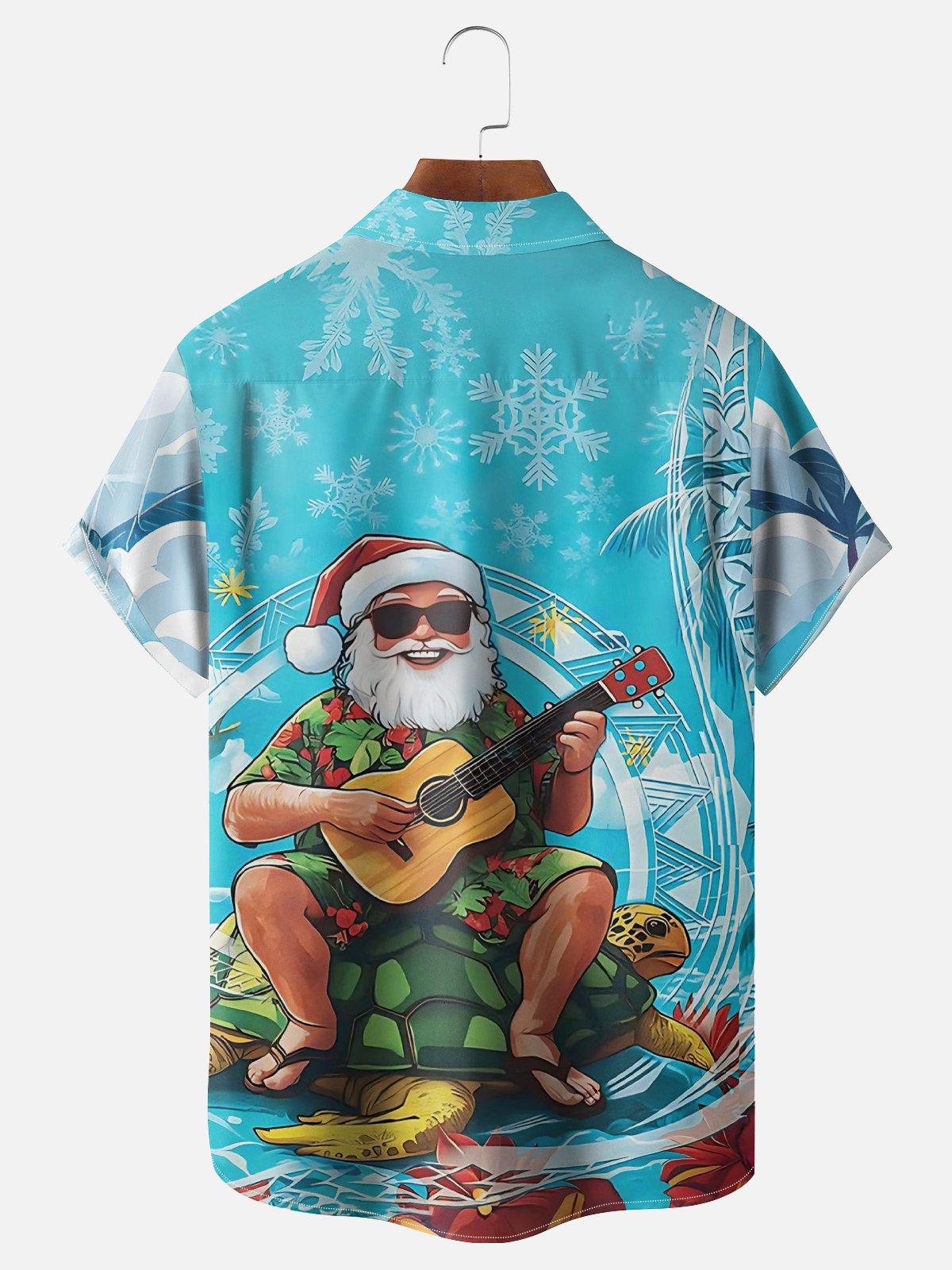 Moisture Wicking Merry Christmas Santa Claus Ukulele Turtle Chest Pocket Hawaiian Shirt