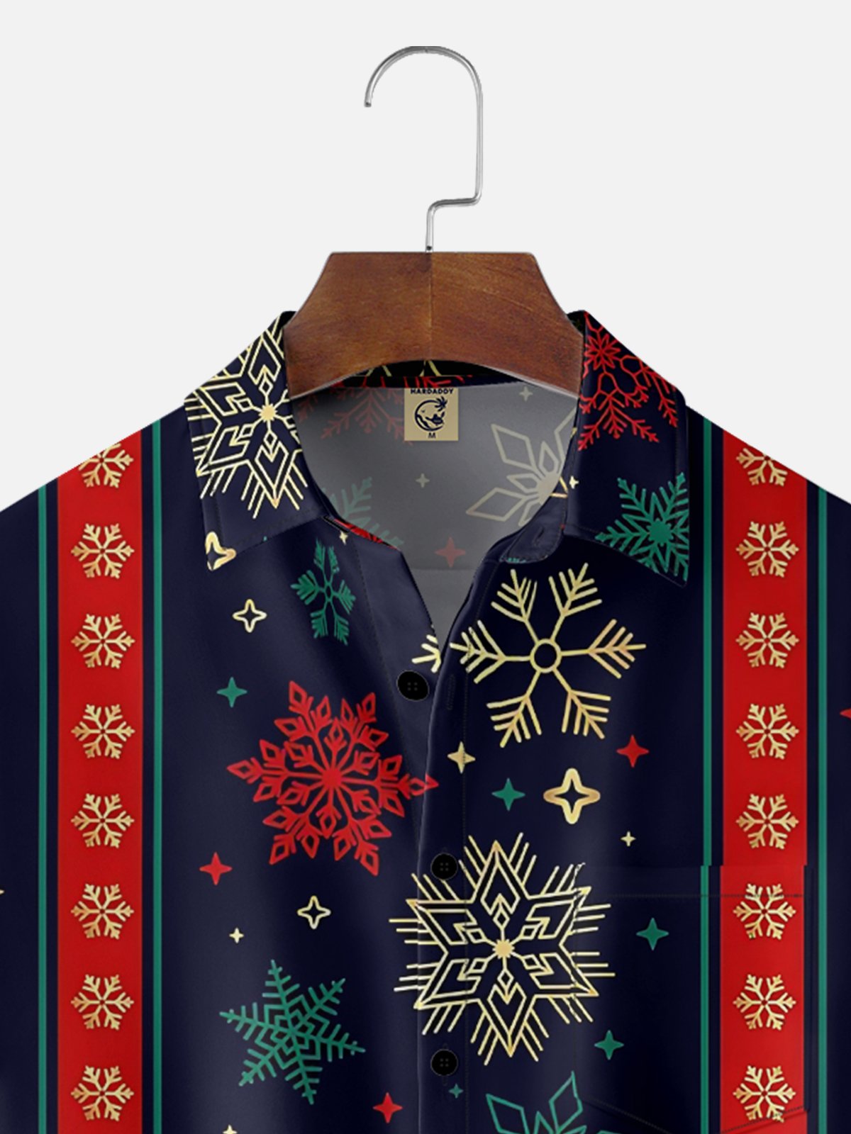Moisture Wicking Christmas Striped Snowflake Chest Pocket Bowling Shirt