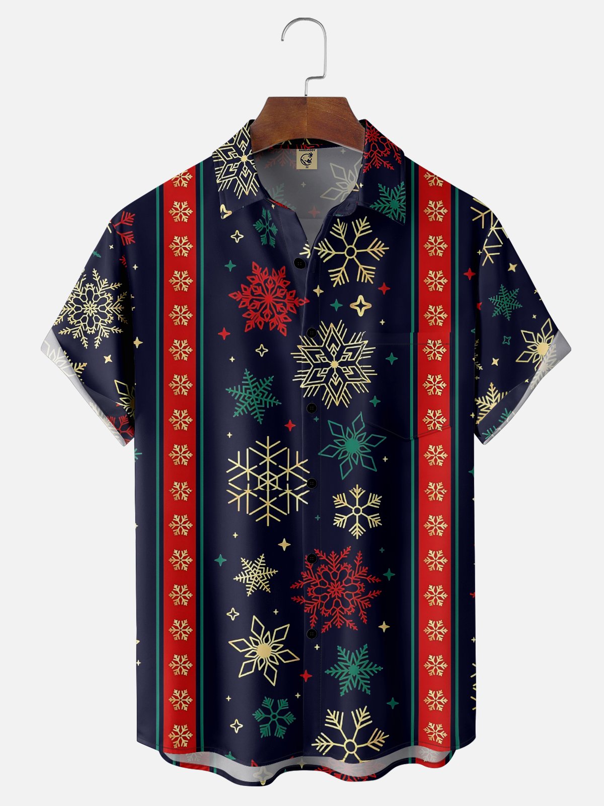 Moisture Wicking Christmas Striped Snowflake Chest Pocket Bowling Shirt
