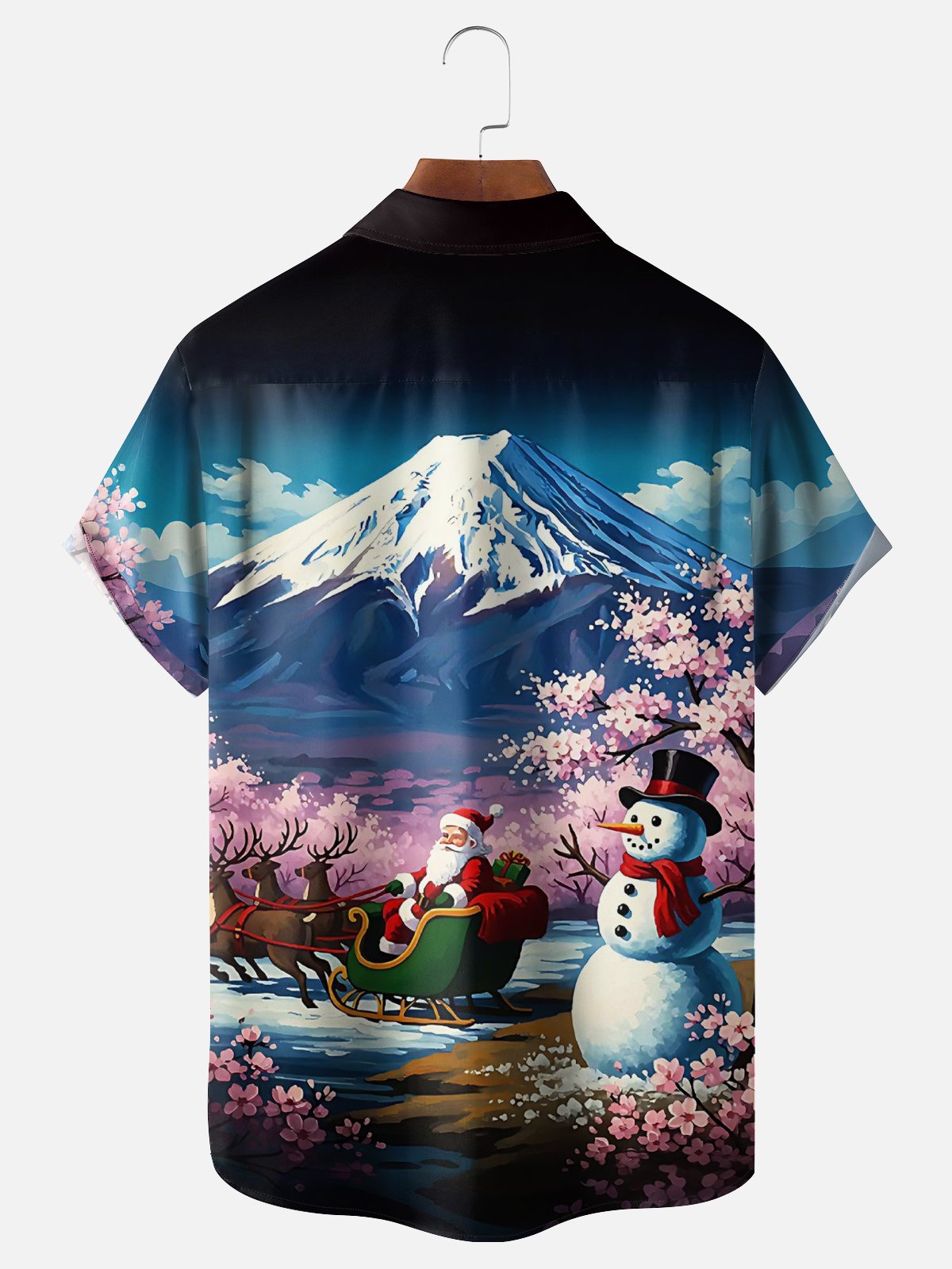 Moisture Wicking Cherry Blossoms at the Foot of Mount Fuji Merry Christmas Santa Claus Snowman Chest Pocket Hawaiian Shirt