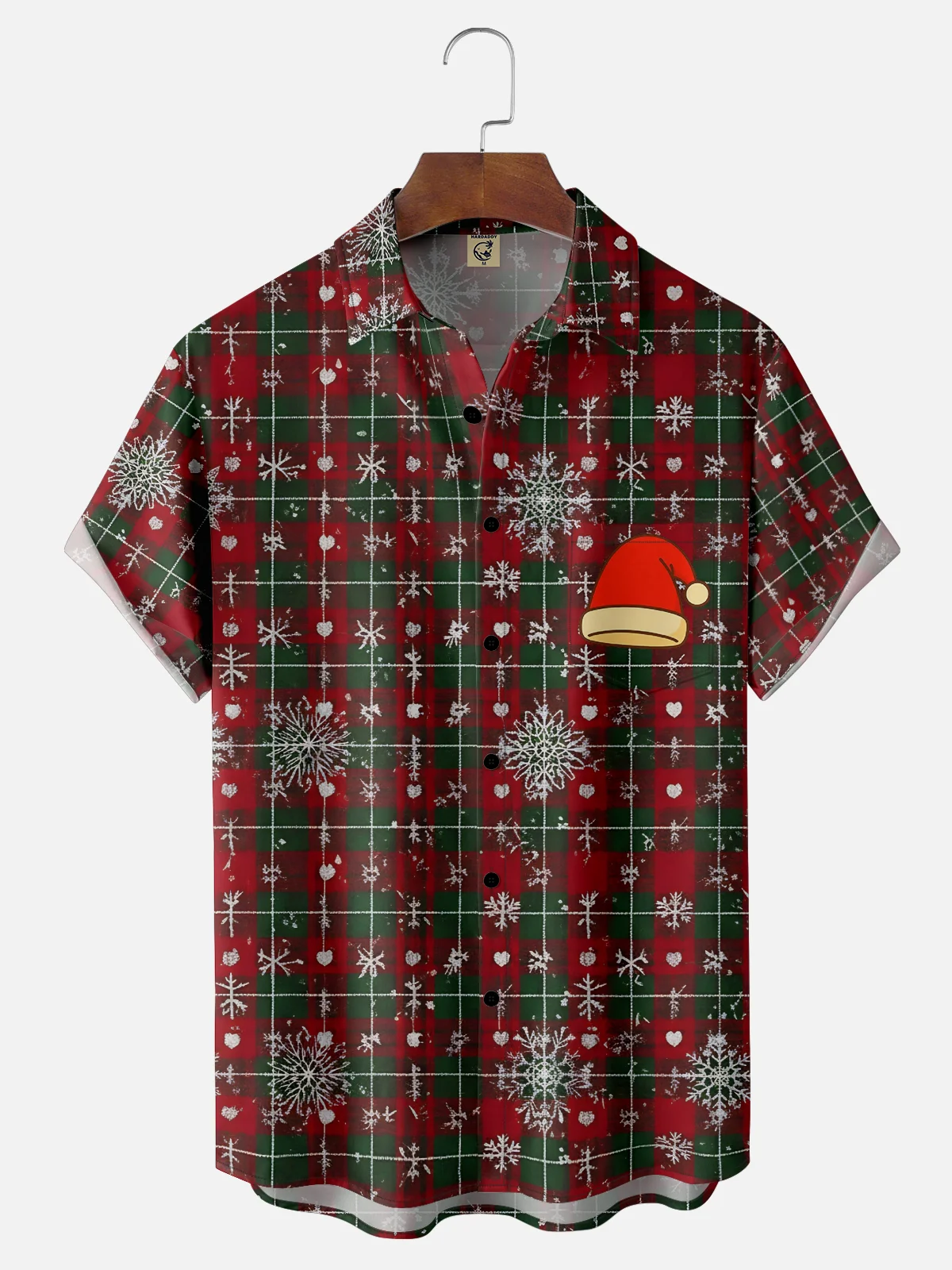Moisture-wicking Christmas Santa Claus Hat Plaid Chest Pocket Casual Shirt