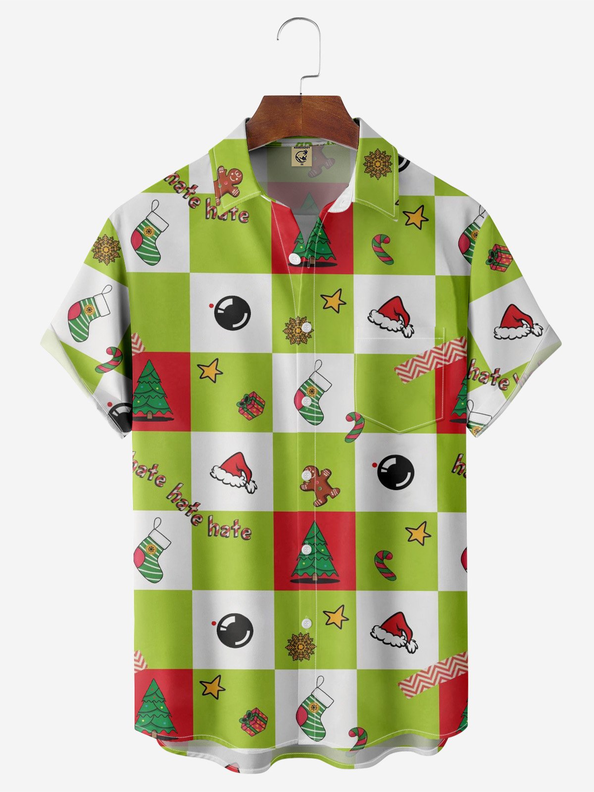 Moisture-wicking Christmas Tree Gingerbread Man Plaid Chest Pocket Casual Shirt
