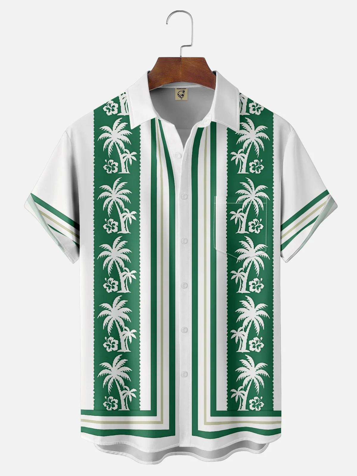 Moisture Wicking Striped Coconut Tree Chest Pocket Bowling Shirt