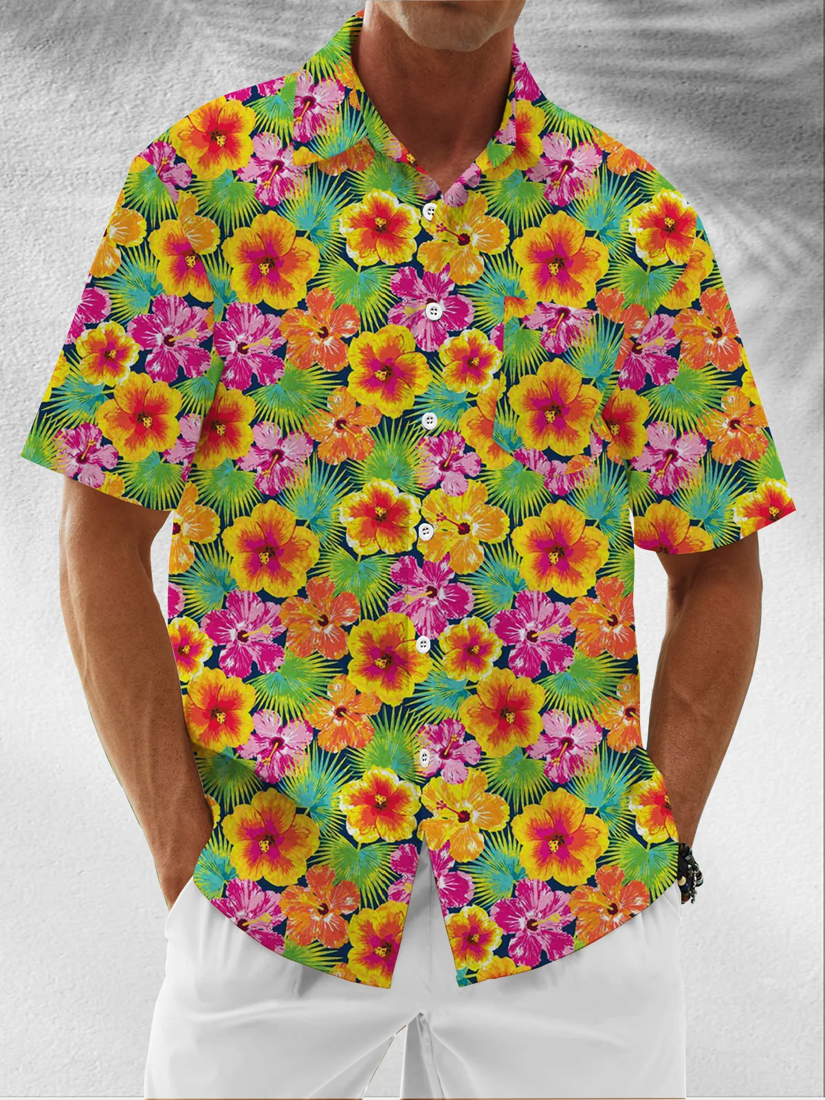 Moisture Wicking Tropical Floral Chest Pocket Hawaiian Shirt