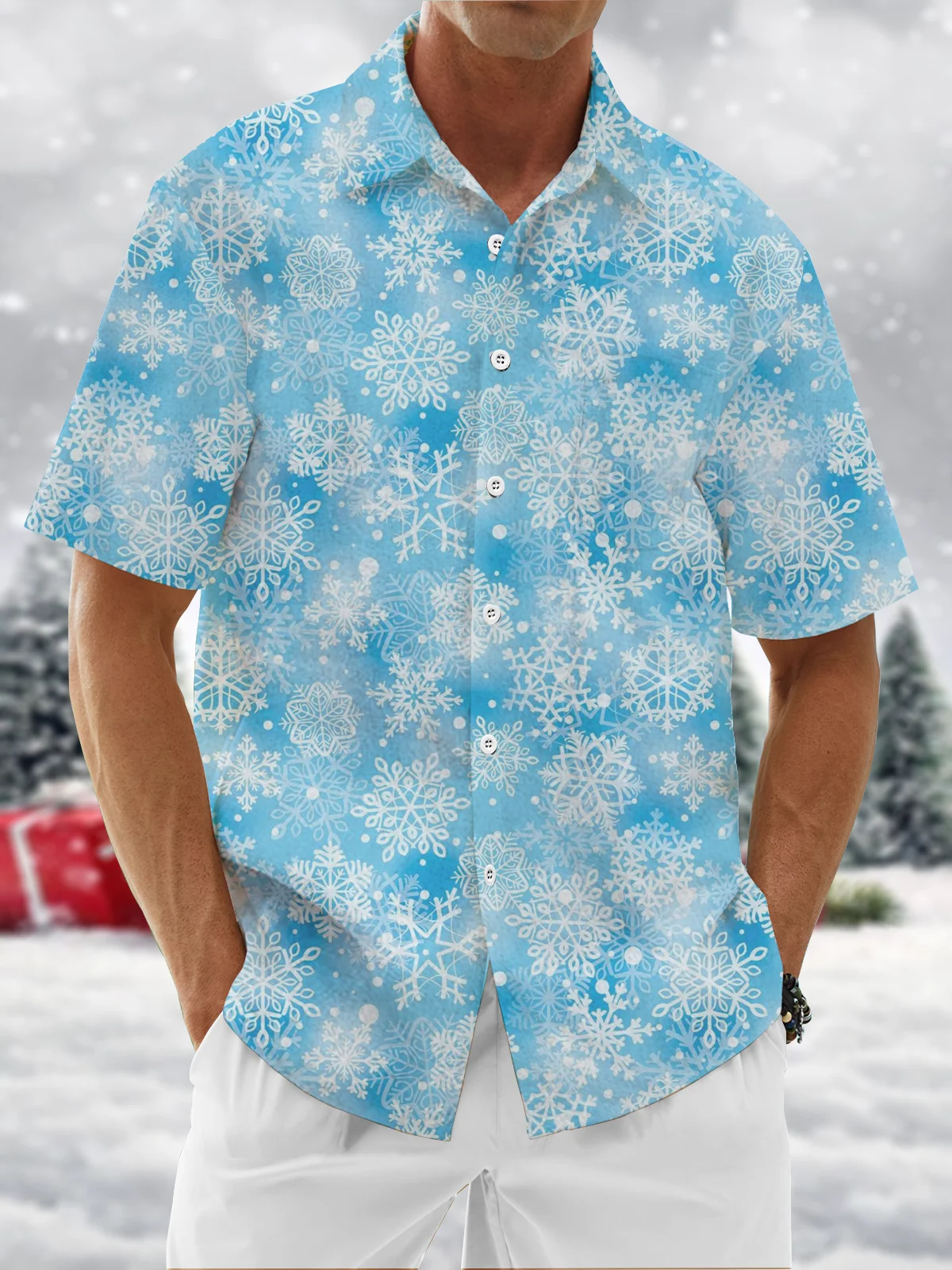 Moisture Wicking Christmas Snowflake Chest Pocket Hawaiian Shirt