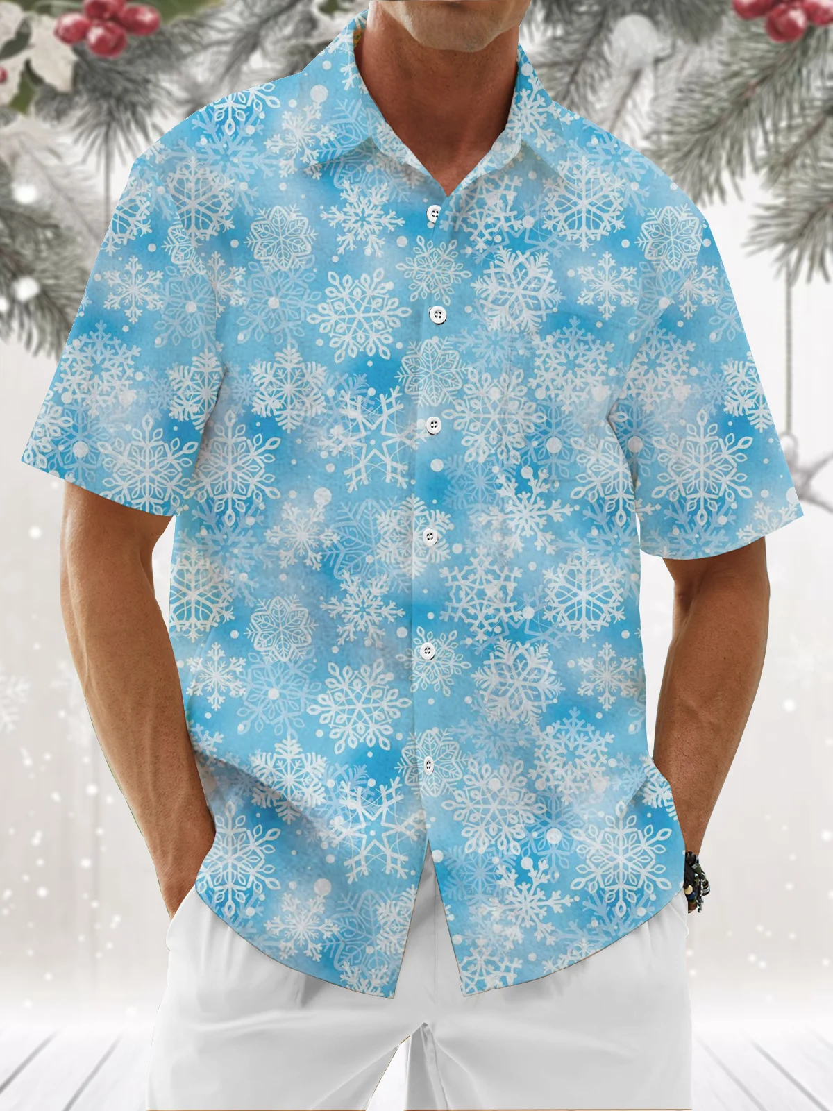 Moisture Wicking Christmas Snowflake Chest Pocket Hawaiian Shirt