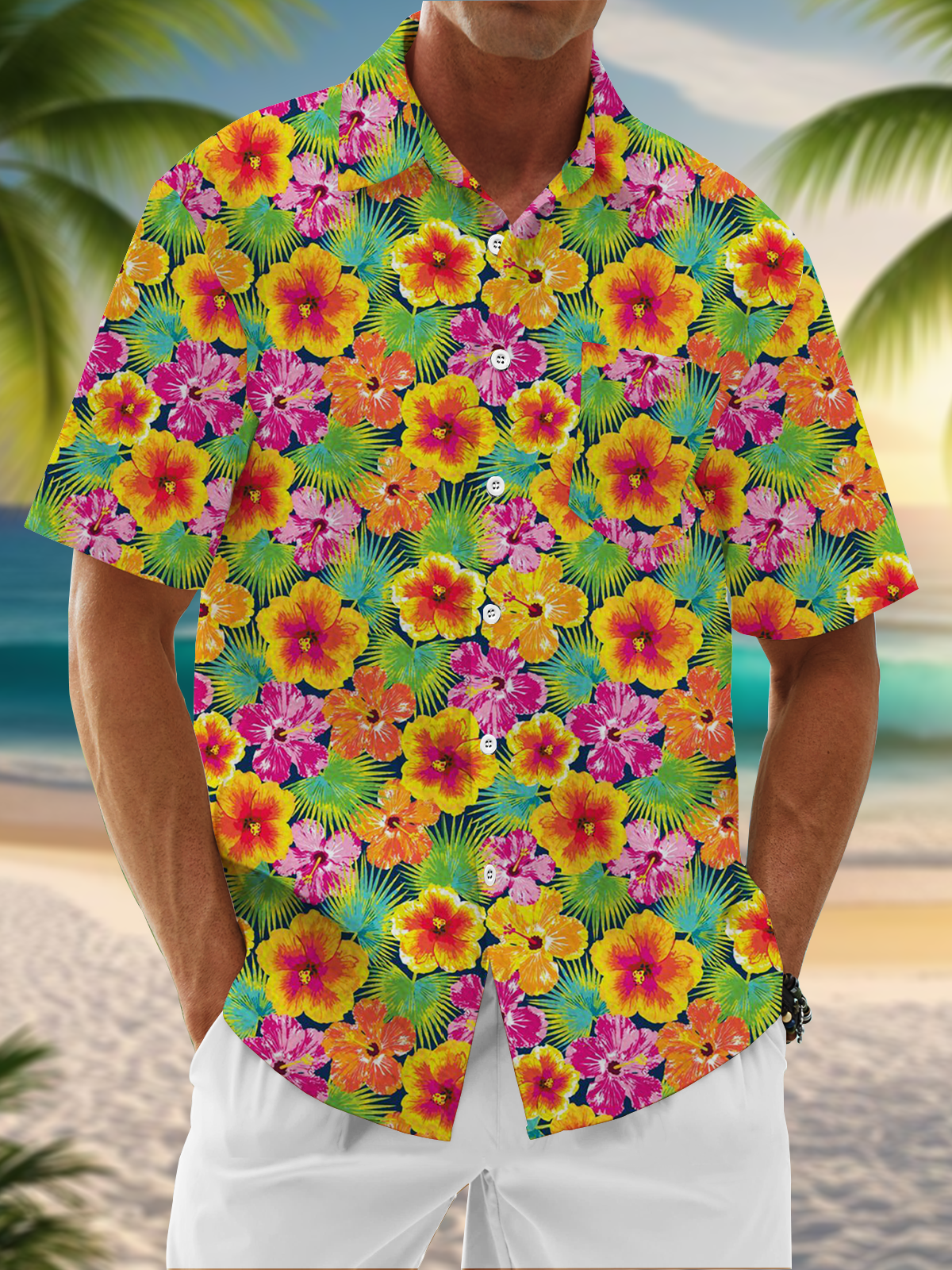 Moisture Wicking Tropical Floral Chest Pocket Hawaiian Shirt