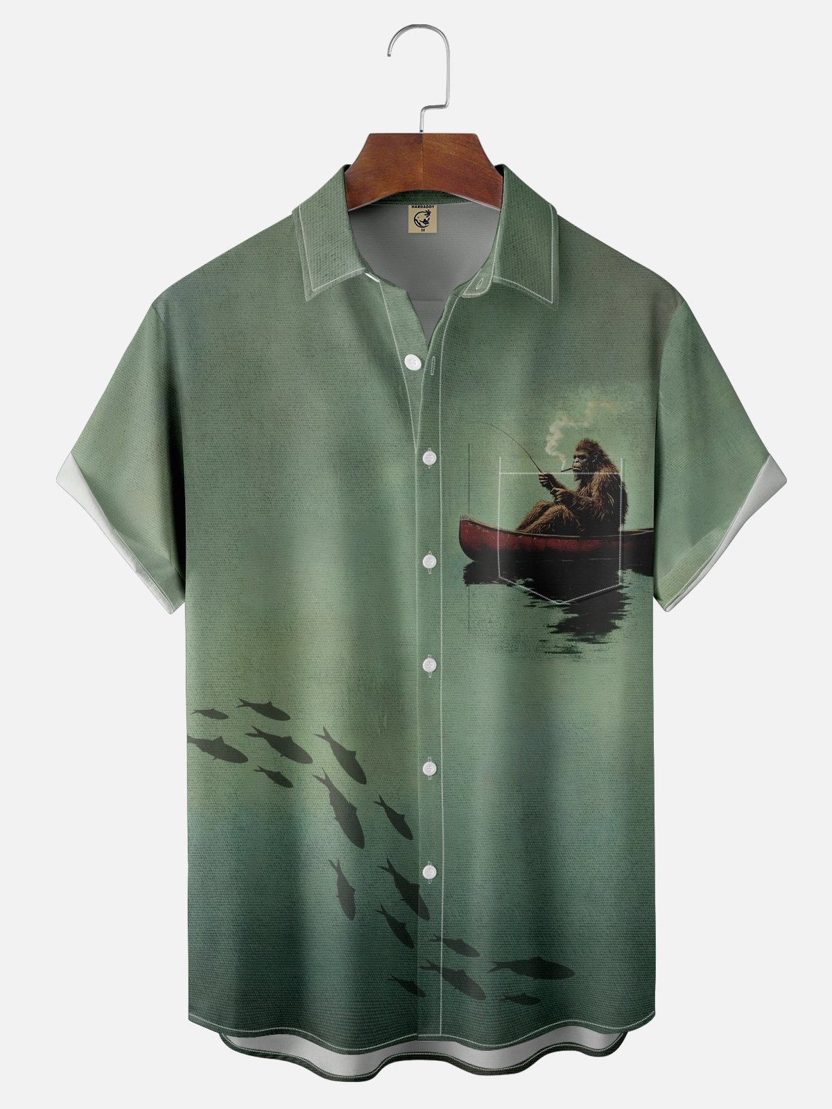 Moisture-wicking Bigfoot Fishing Art Chest Pocket Casual Shirt