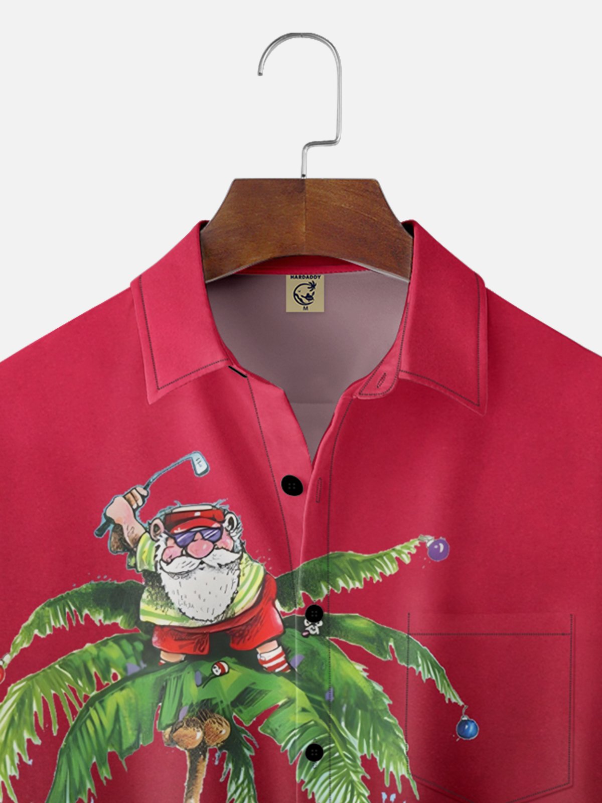 Moisture Wicking Merry Christmas Coconut Tree Santa Claus Golf Ball Chest Pocket Hawaiian Shirt