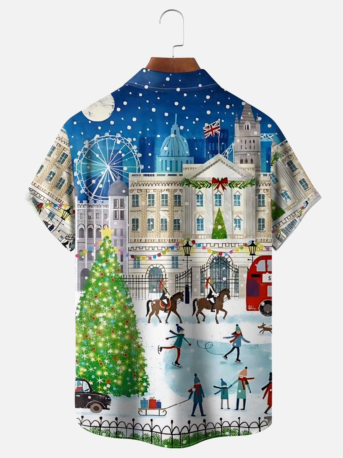 Moisture-Wicking Christmas-Themed Ice Skating Scene Chest Pocket Hawaiian Shirt