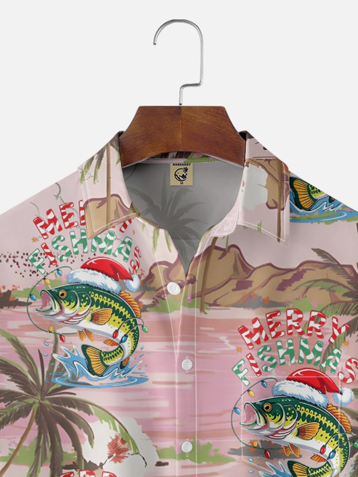 Moisture Wicking Christmas Fish Coconut Tree Chest Pocket Hawaiian Shirt