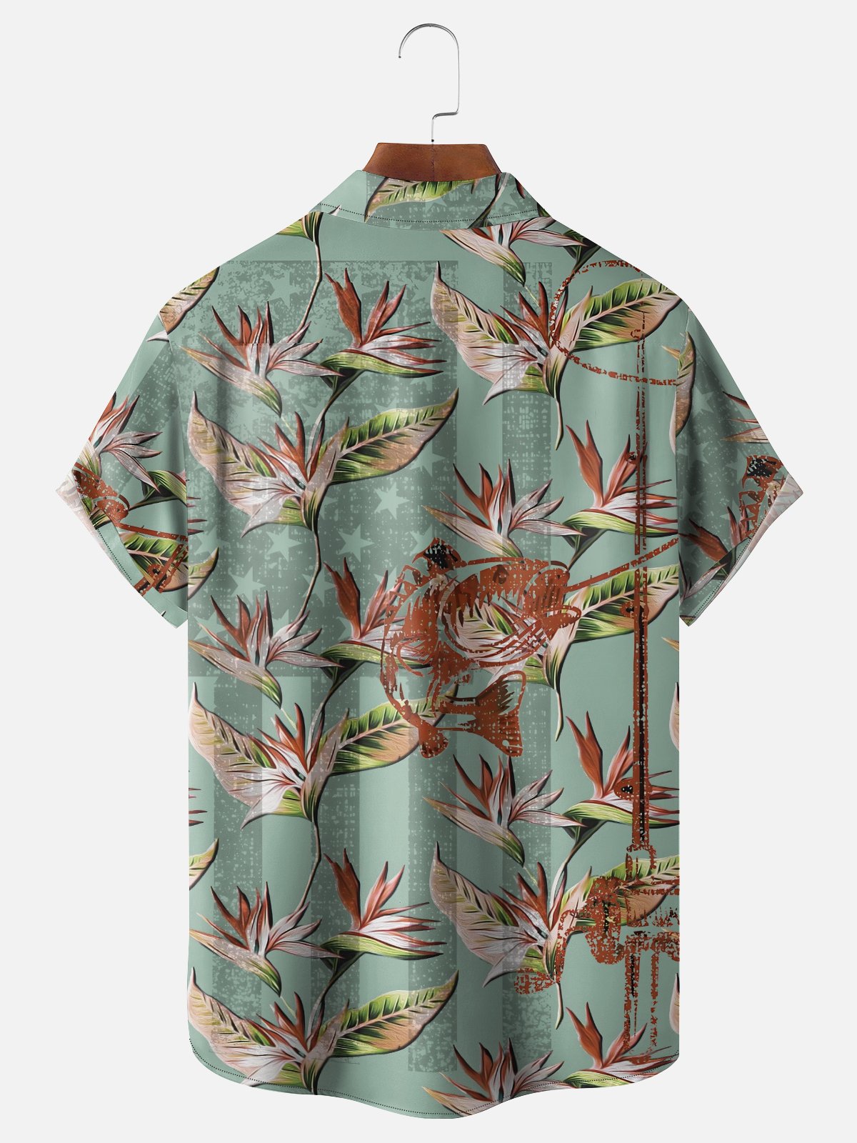 Moisture Wicking Paradise Flower Fishing American Flag Chest Pocket Hawaiian Shirt