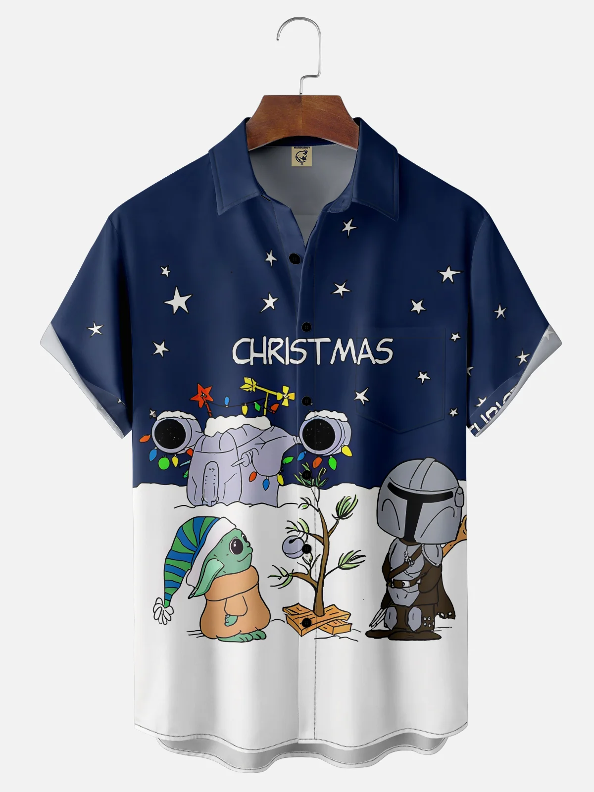 Tall Size Moisture-wicking Christmas Tree Cartoon Chest Pocket Casual Shirt