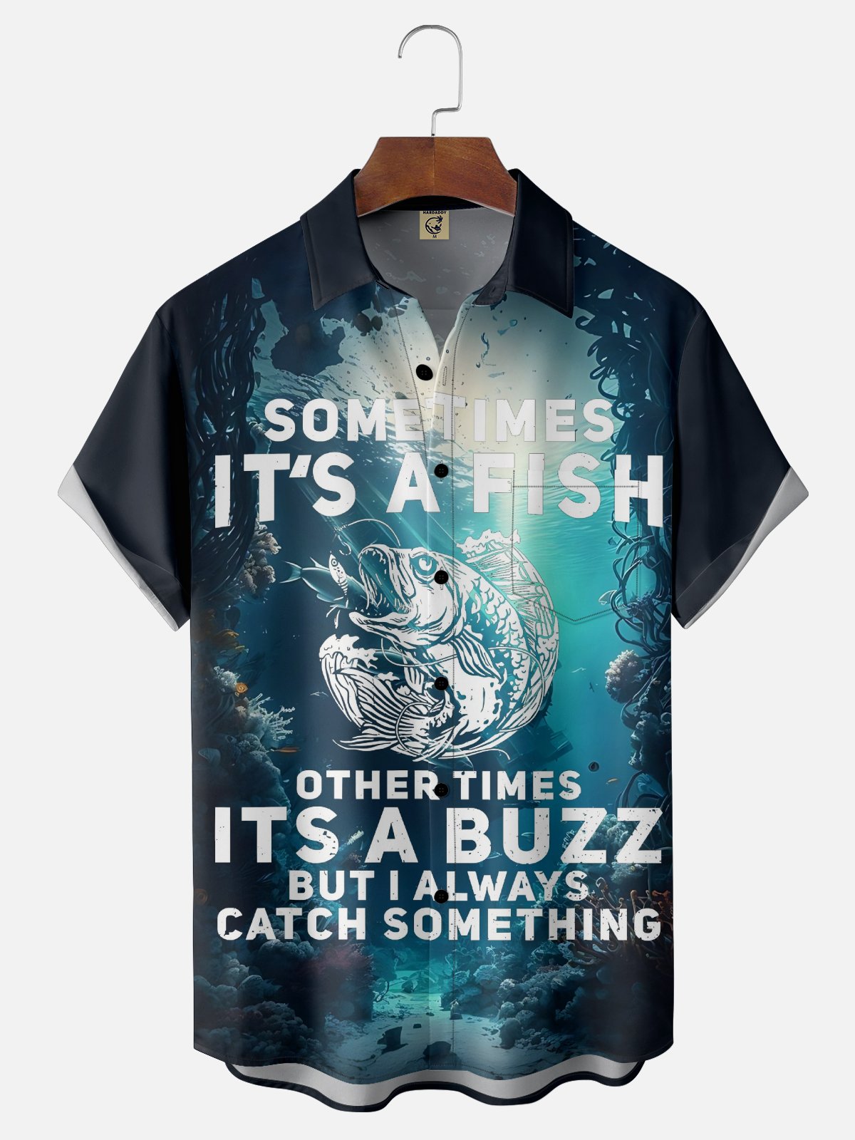 Moisture Wicking Gradient Underwater Scenery Fish Letters Chest Pocket Hawaiian Shirt