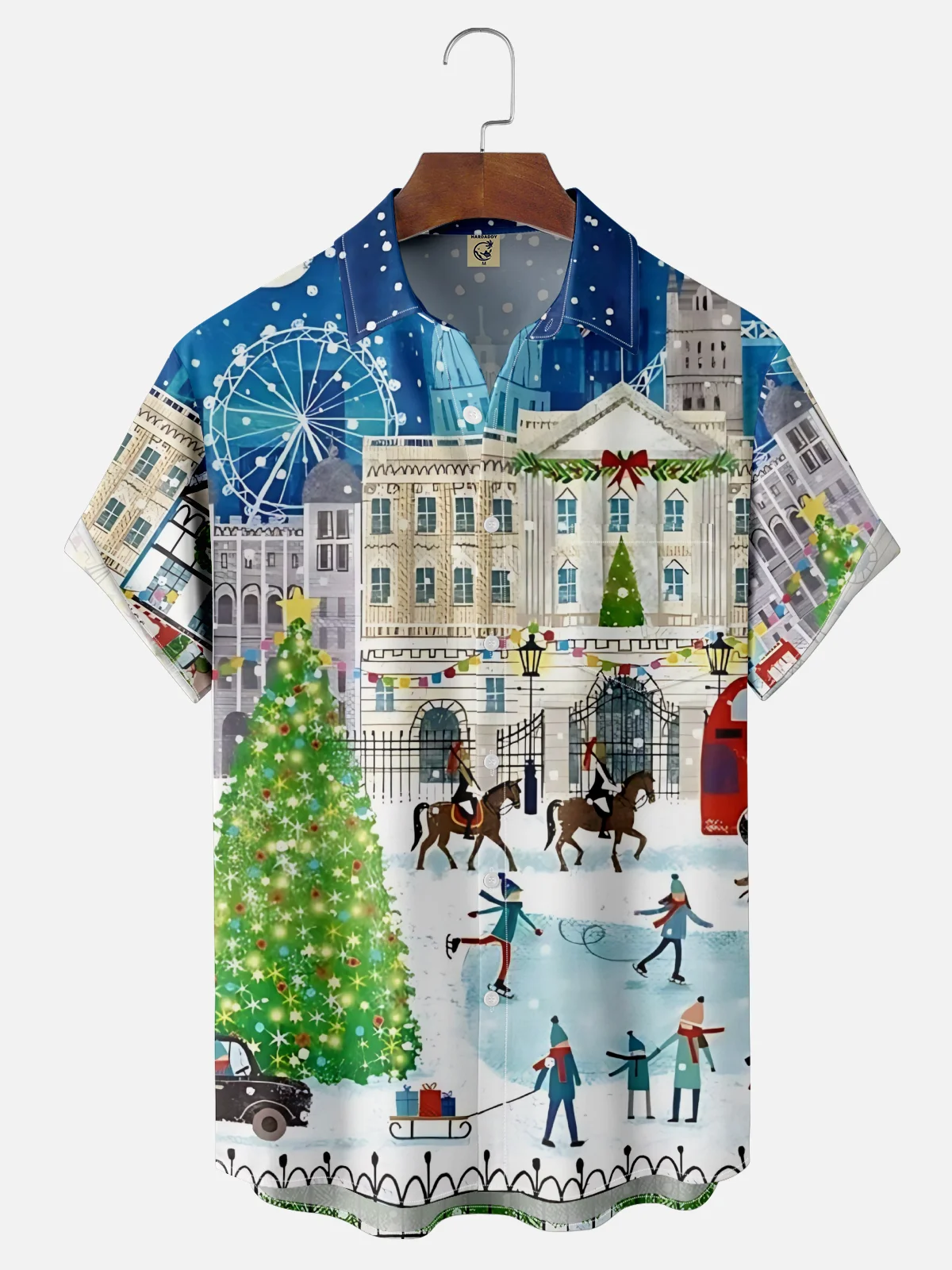 Moisture-Wicking Christmas-Themed Ice Skating Scene Chest Pocket Hawaiian Shirt