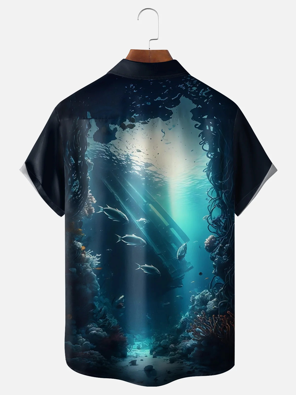 Moisture Wicking Gradient Underwater Scenery Fish Letters Chest Pocket Hawaiian Shirt