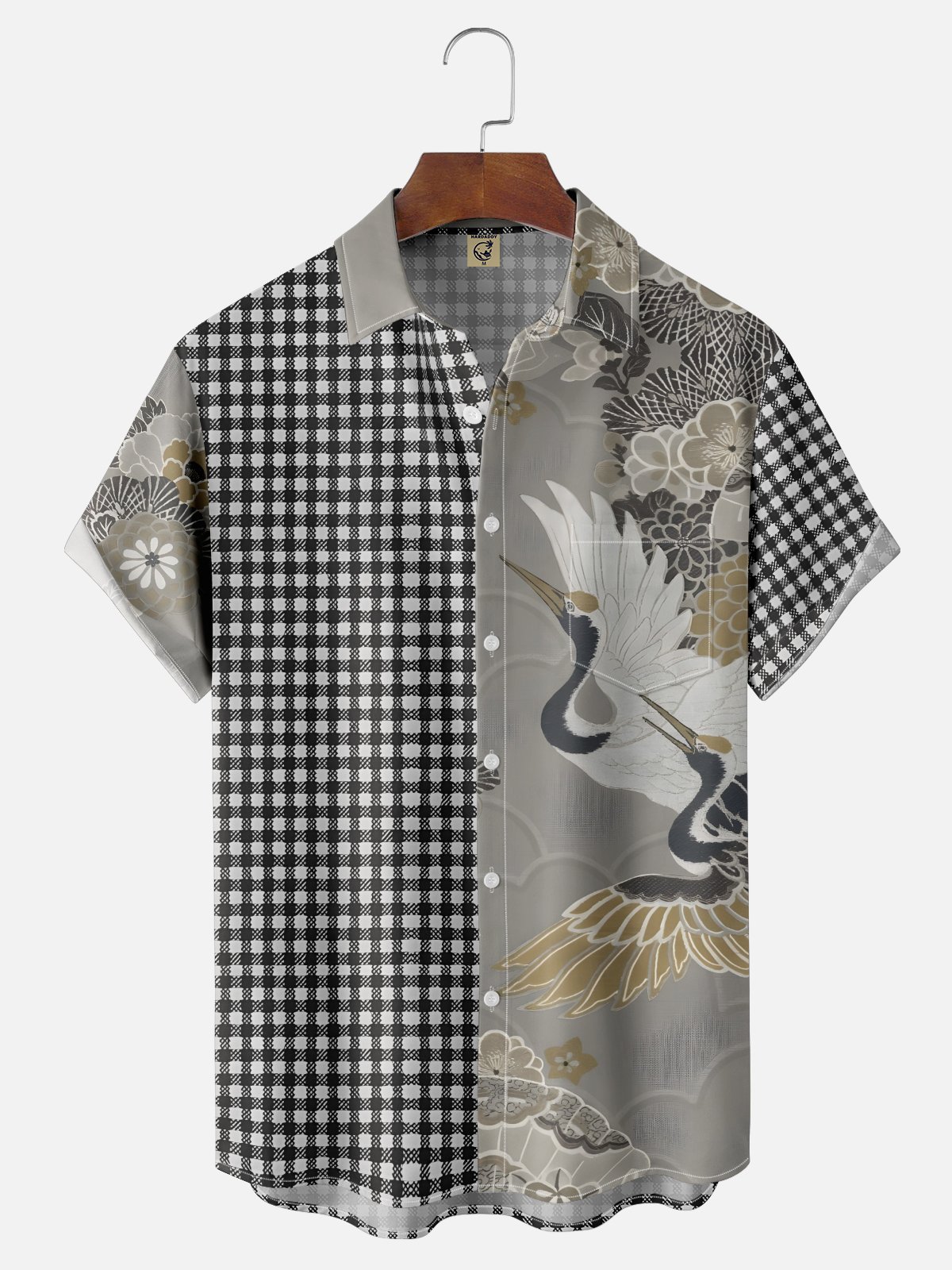 Moisture-wicking Crane Plum Blossom Plaid Pattern Chest Pocket Casual Shirt