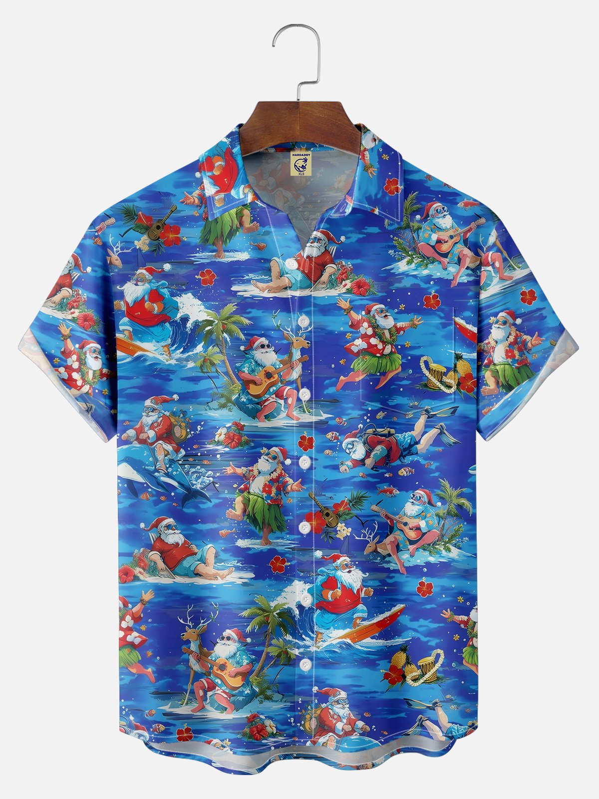 Big Size Moisture-wicking Christmas Santa Claus Surfing Chest Pocket Casual Shirt