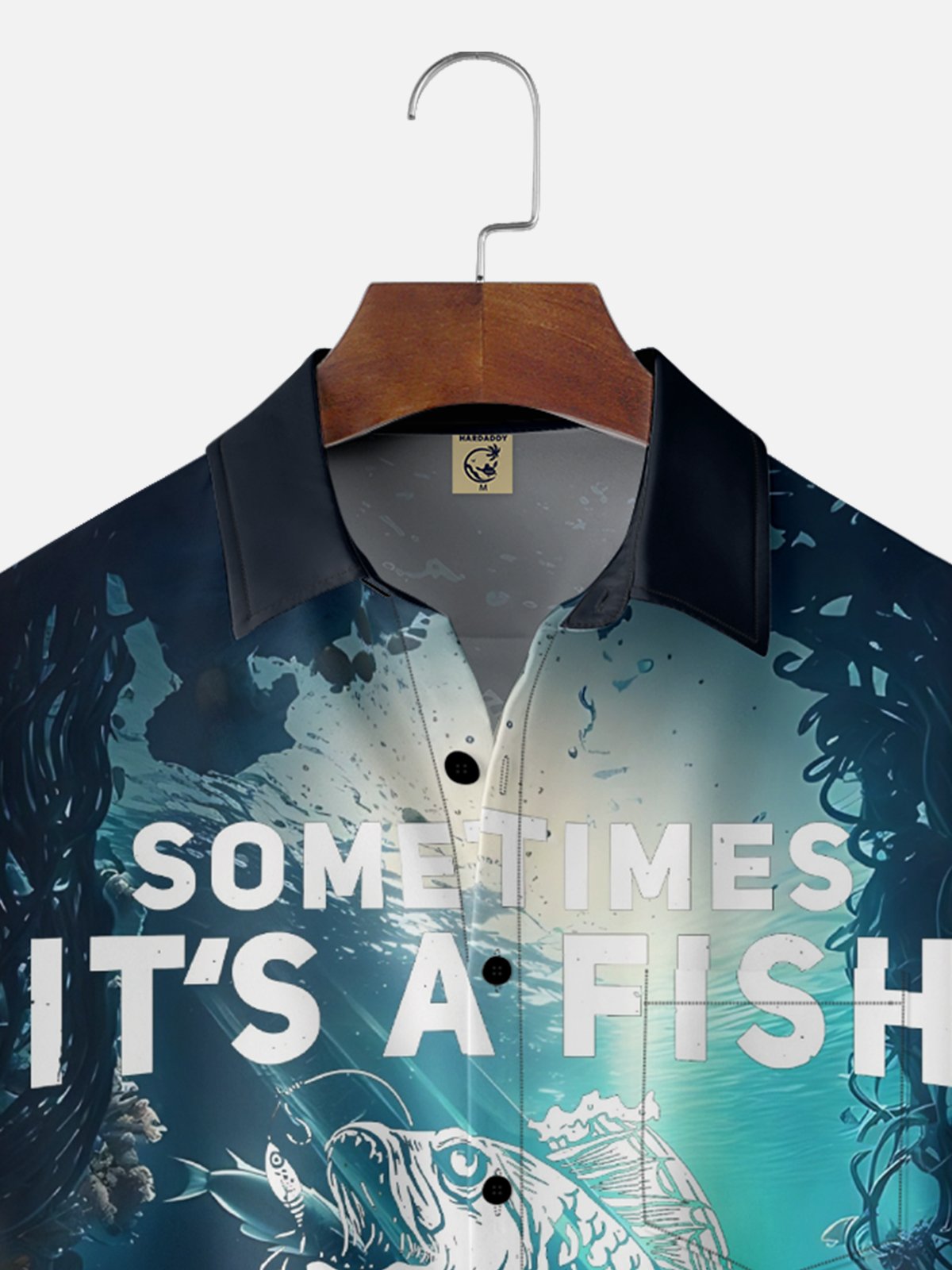 Moisture Wicking Gradient Underwater Scenery Fish Letters Chest Pocket Hawaiian Shirt