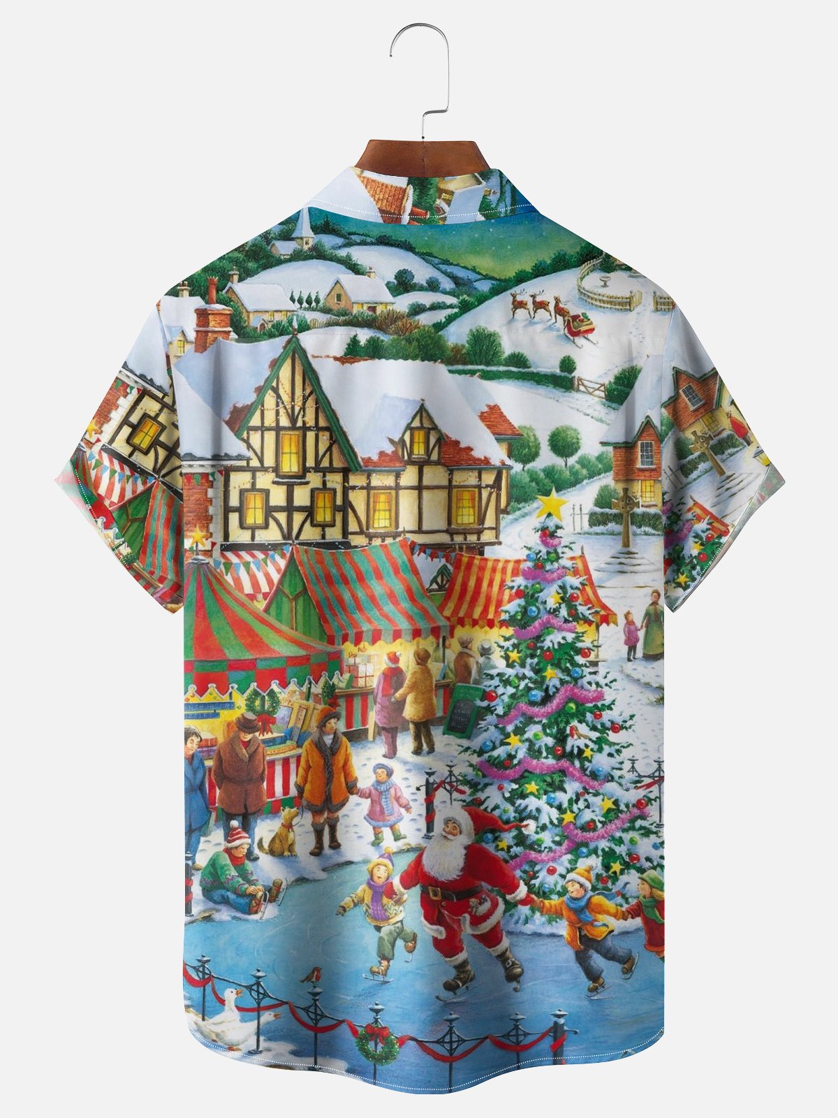 Moisture-Wicking Christmas-Themed Ice Skating Scene Chest Pocket Hawaiian Shirt