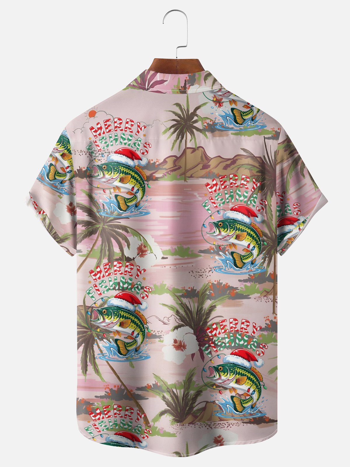 Moisture Wicking Christmas Fish Coconut Tree Chest Pocket Hawaiian Shirt