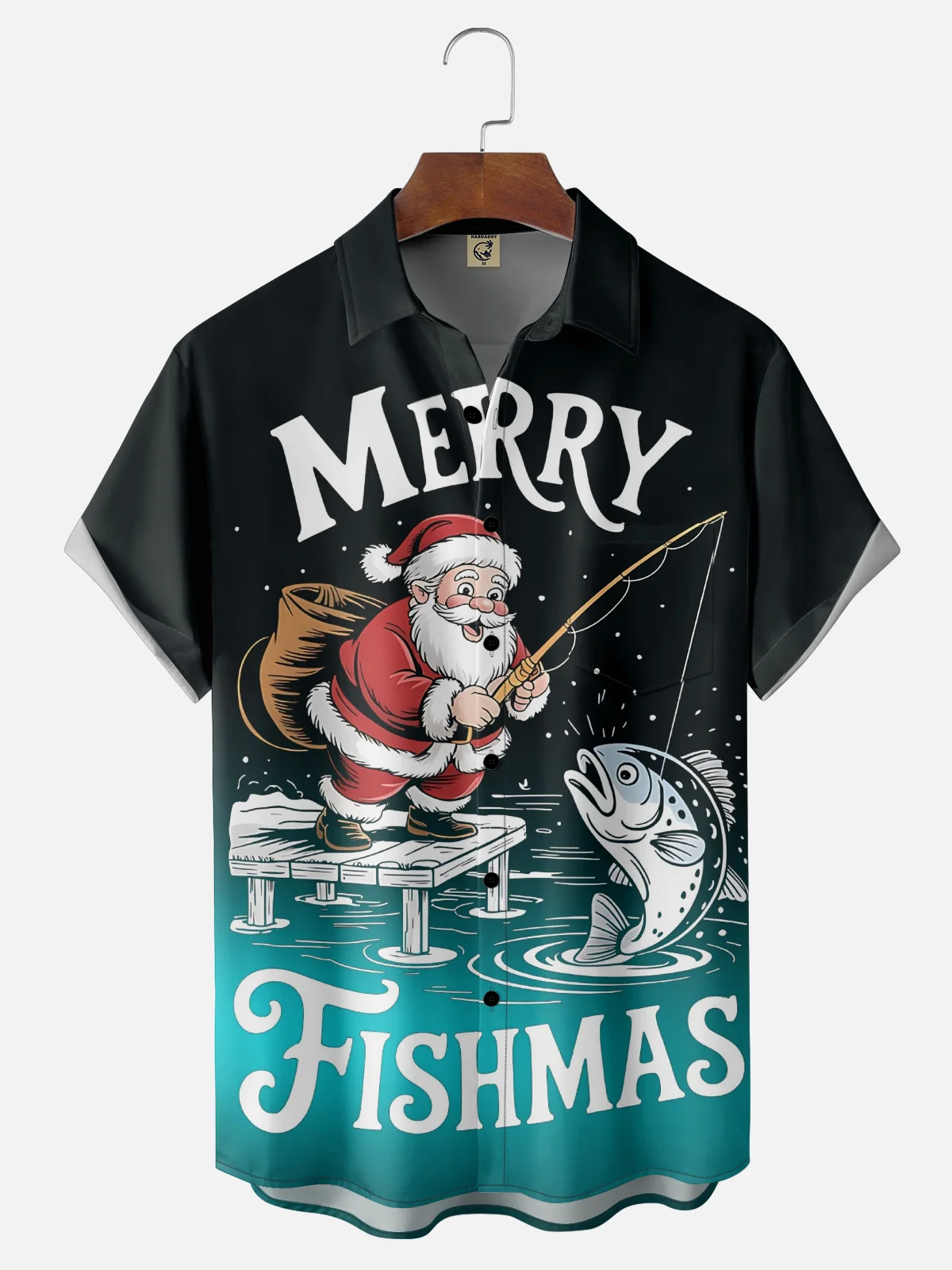Moisture Wicking Gradient Santa Claus Fishing Chest Pocket Hawaiian Shirt