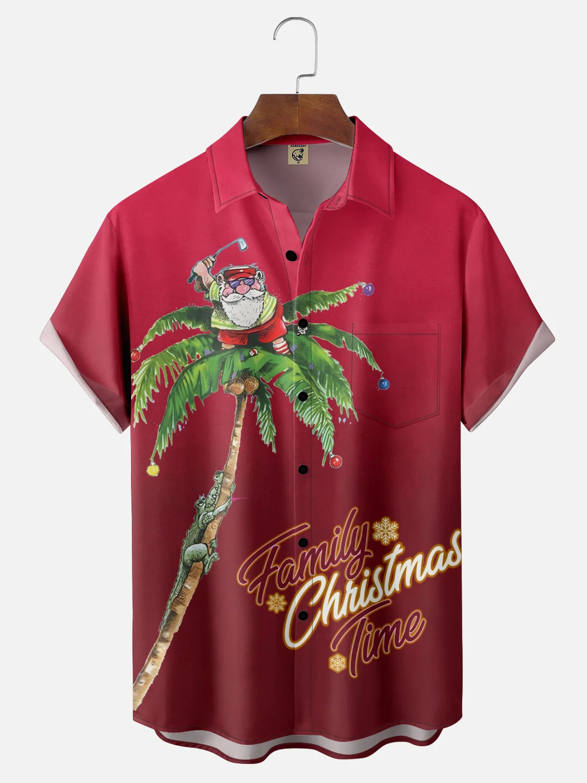 Moisture Wicking Merry Christmas Coconut Tree Santa Claus Golf Ball Chest Pocket Hawaiian Shirt