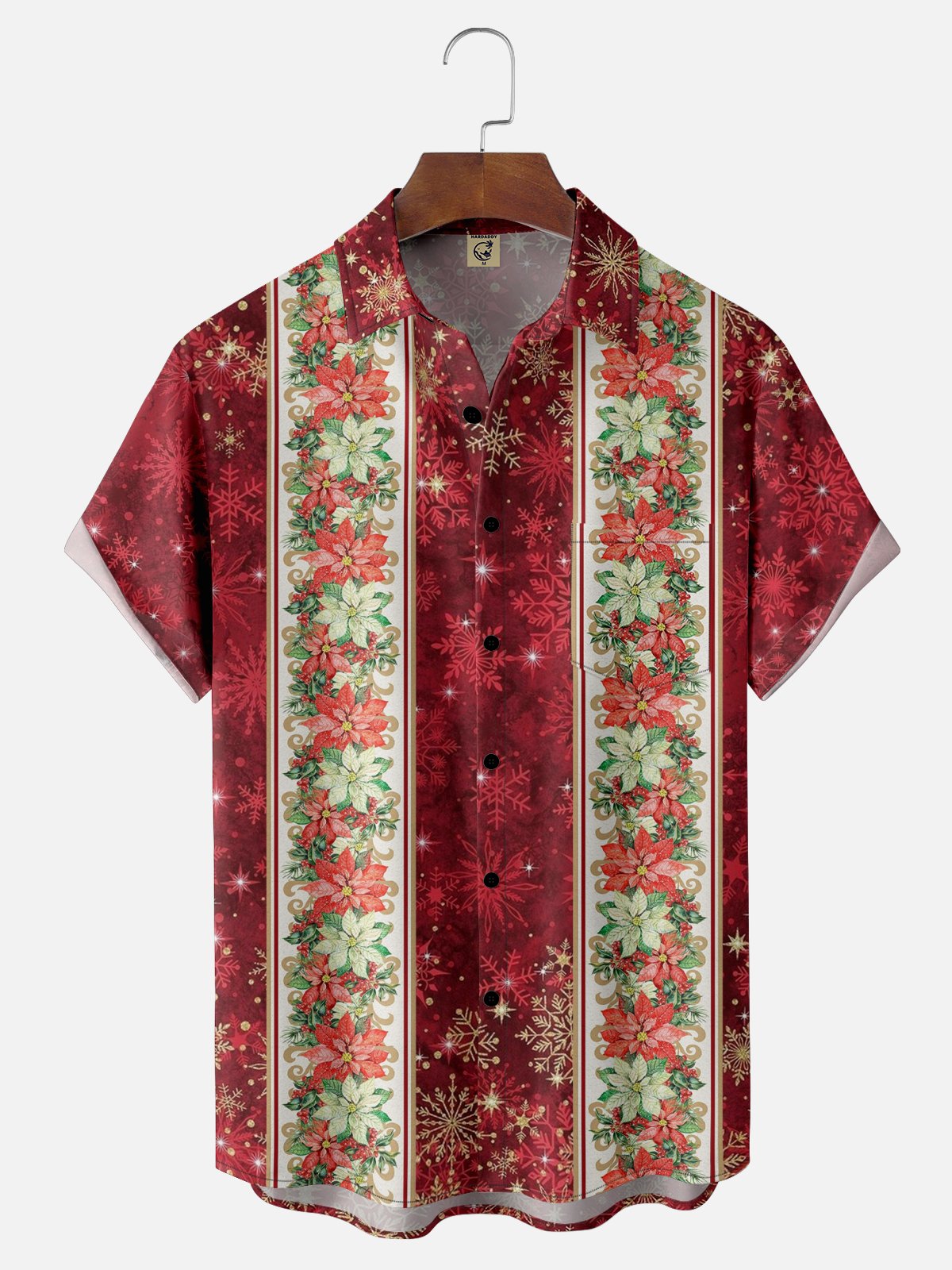 Moisture Wicking Christmas Floral Striped Floral Chest Pocket Hawaiian Shirt