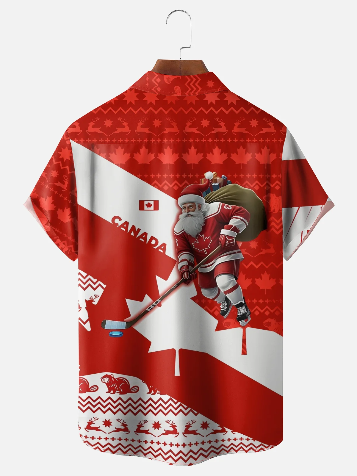 Moisture-wicking Canada Santa Claus Hockey Maple Leaves Chest Pocket Casual Shirt
