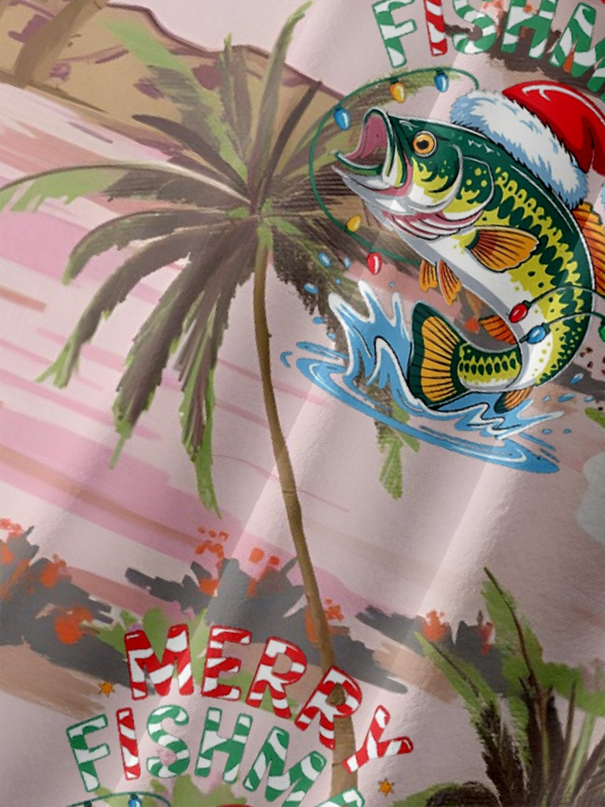 Moisture Wicking Christmas Fish Coconut Tree Chest Pocket Hawaiian Shirt