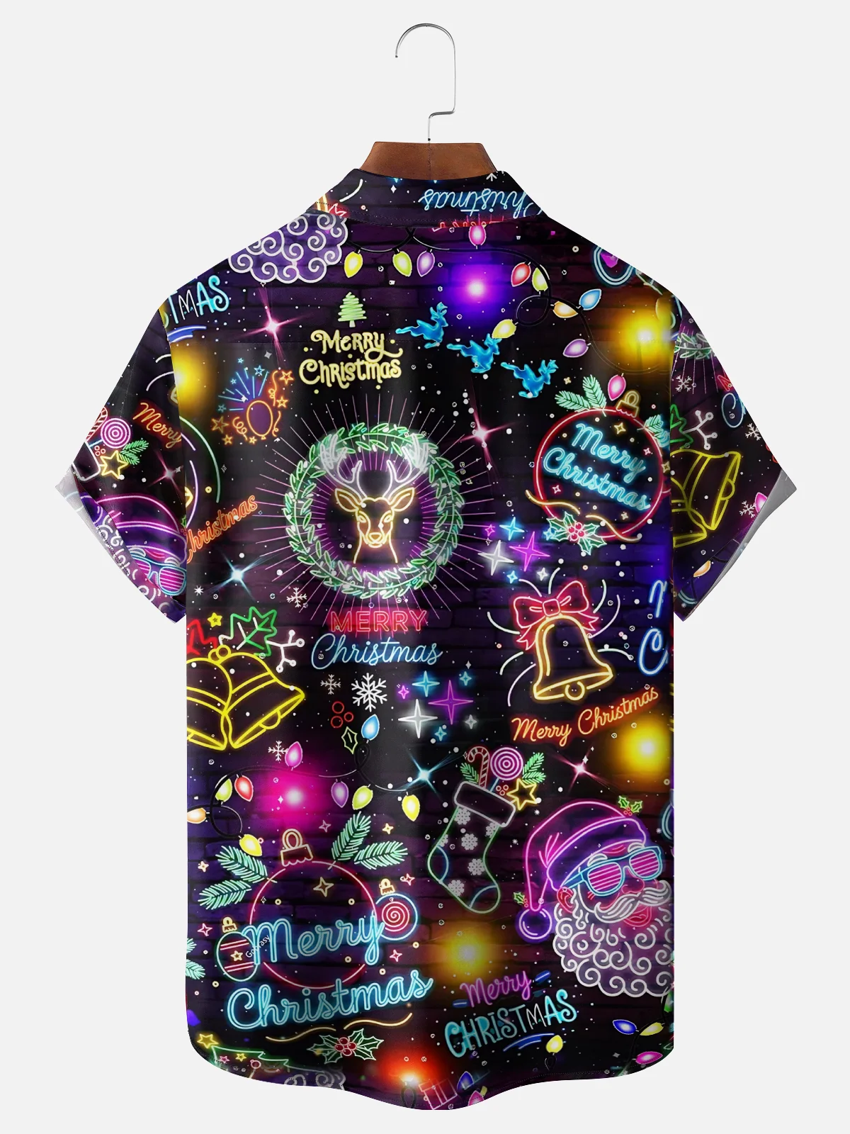 Moisture-wicking Christmas Santa Claus Elk Neon Lights Chest Pocket Casual Shirt